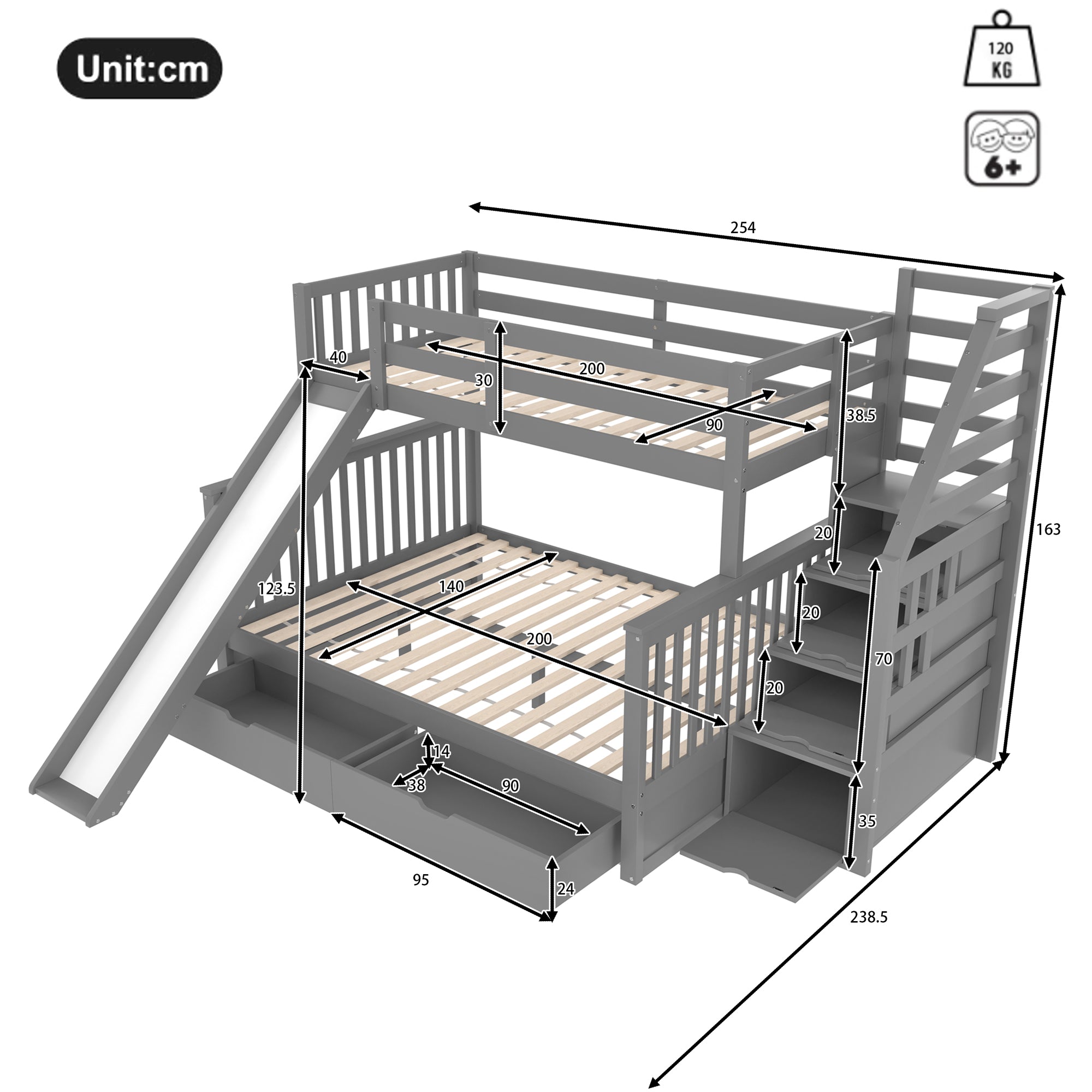 Bunk bed, 90 x 200 over 140 x 200, drawers, storage, slide, grey