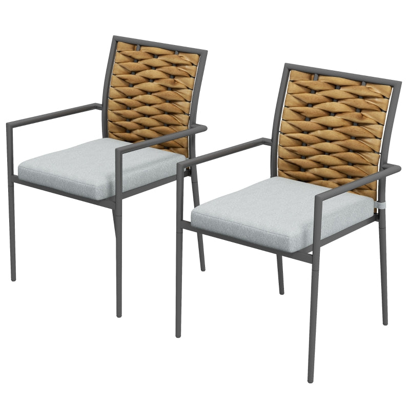 Rattan Garden Chairs, Set of 2, Stackable with Cushions, Grey Steel