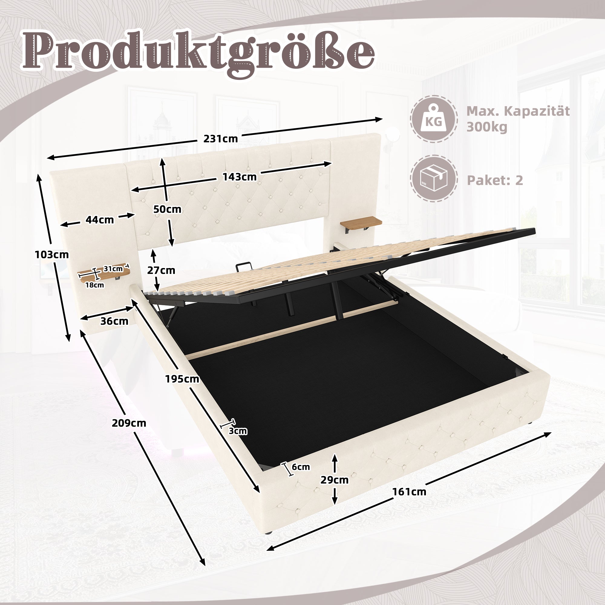 Bed Frame, 160x200cm LED & USB, Hydraulic Lift Storage