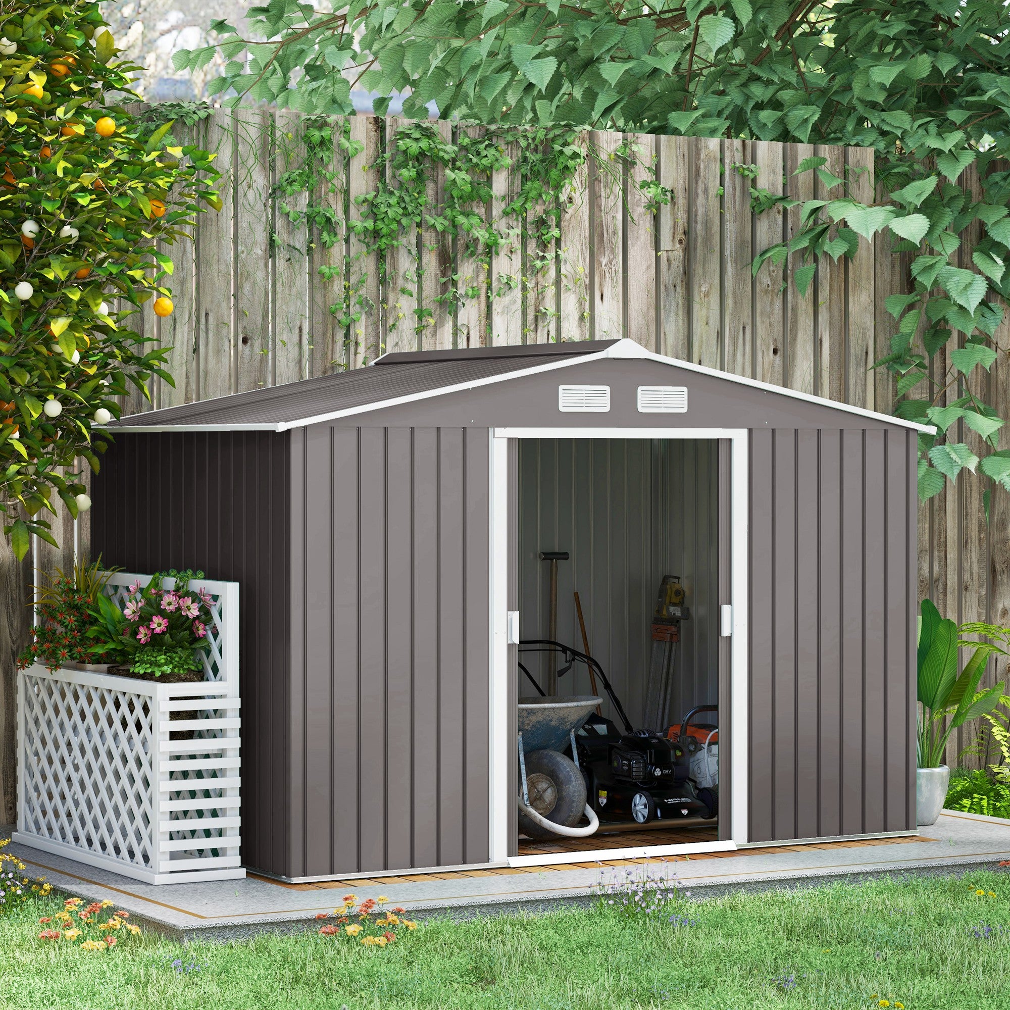 Outdoor Garden Metal Storage Shed Tool Box with Roofed Foundation Ventilation & Doors, Grey
