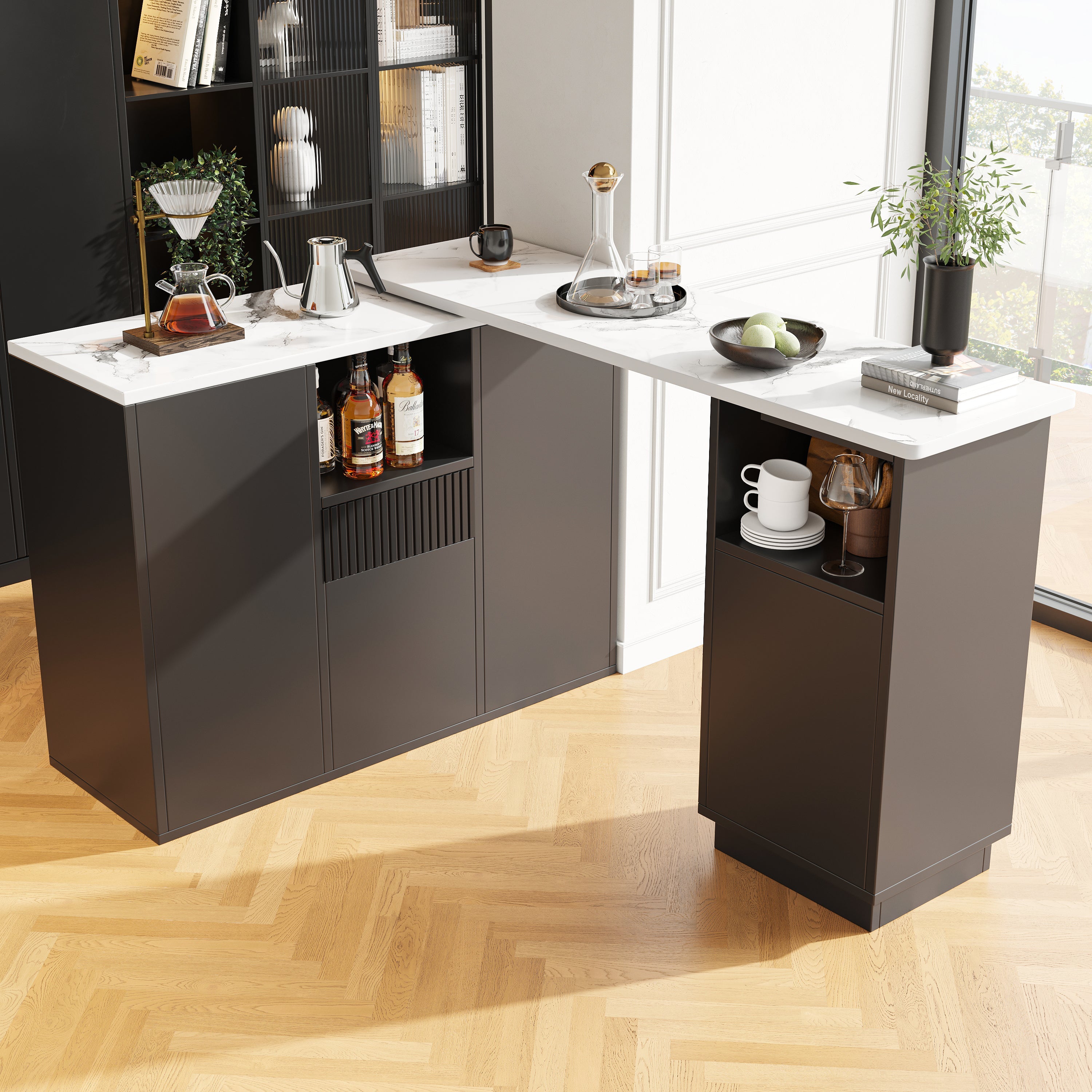 360° Swivelling Bar Table, Modern Design with Open Storage and Marble Worktop, Black