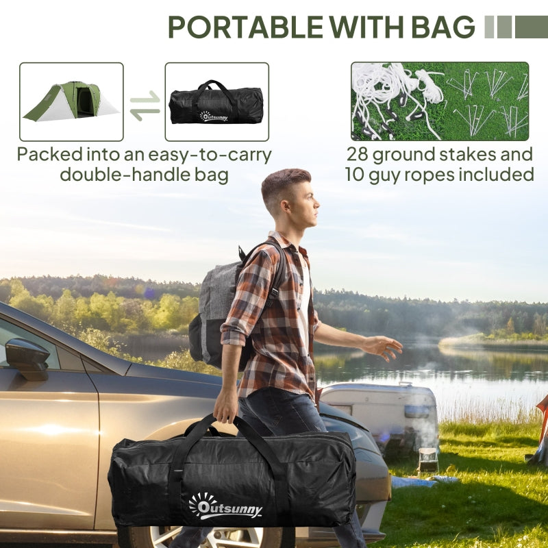 Large Camping Tent Tunnel, 2 Bedroom Living Area 2000mm Waterproof 4-6 Man, Green