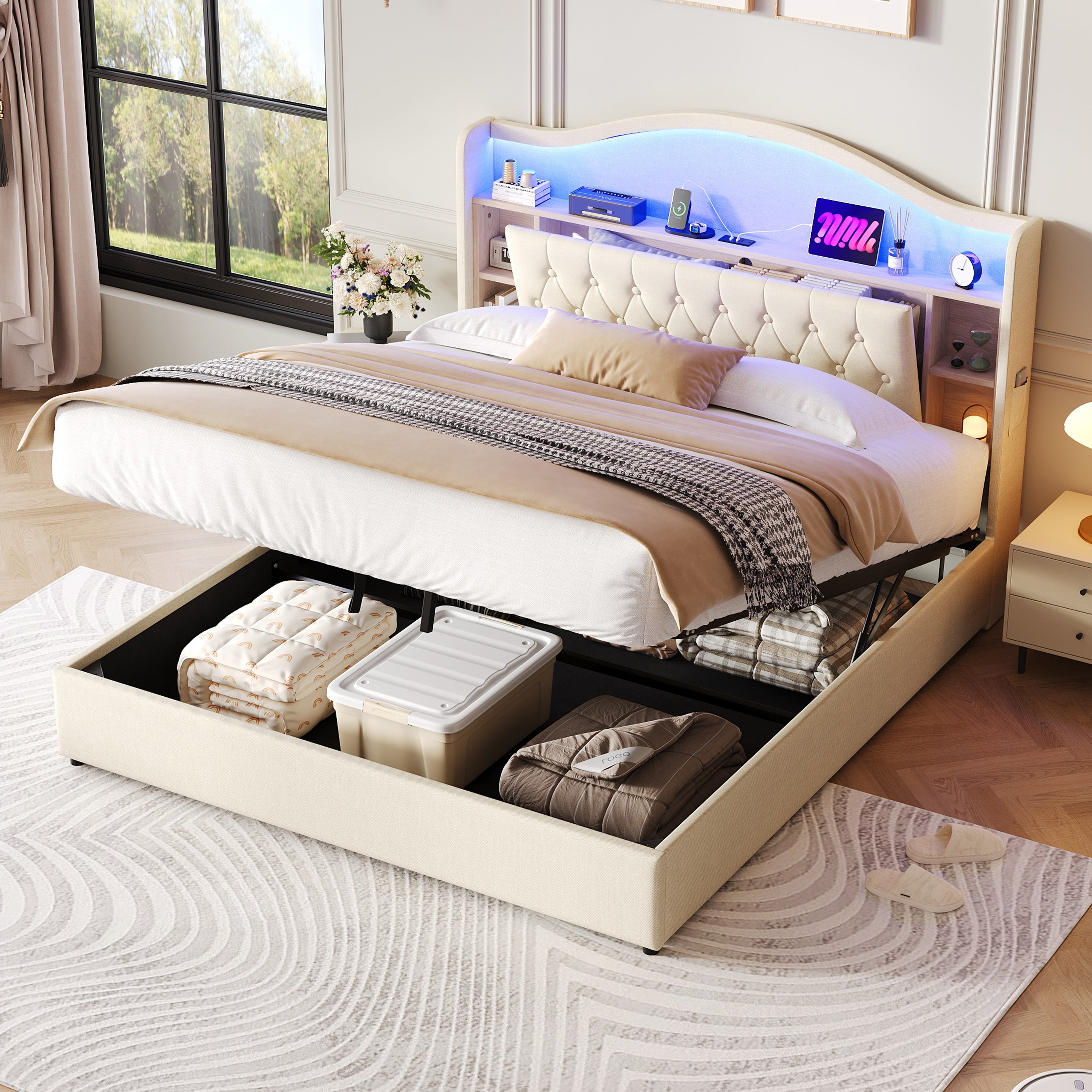 King Upholstered Bed Frame, Hydraulic Storage, LED Button Tufted Headboard w/ Charging Station, Linen Beige
