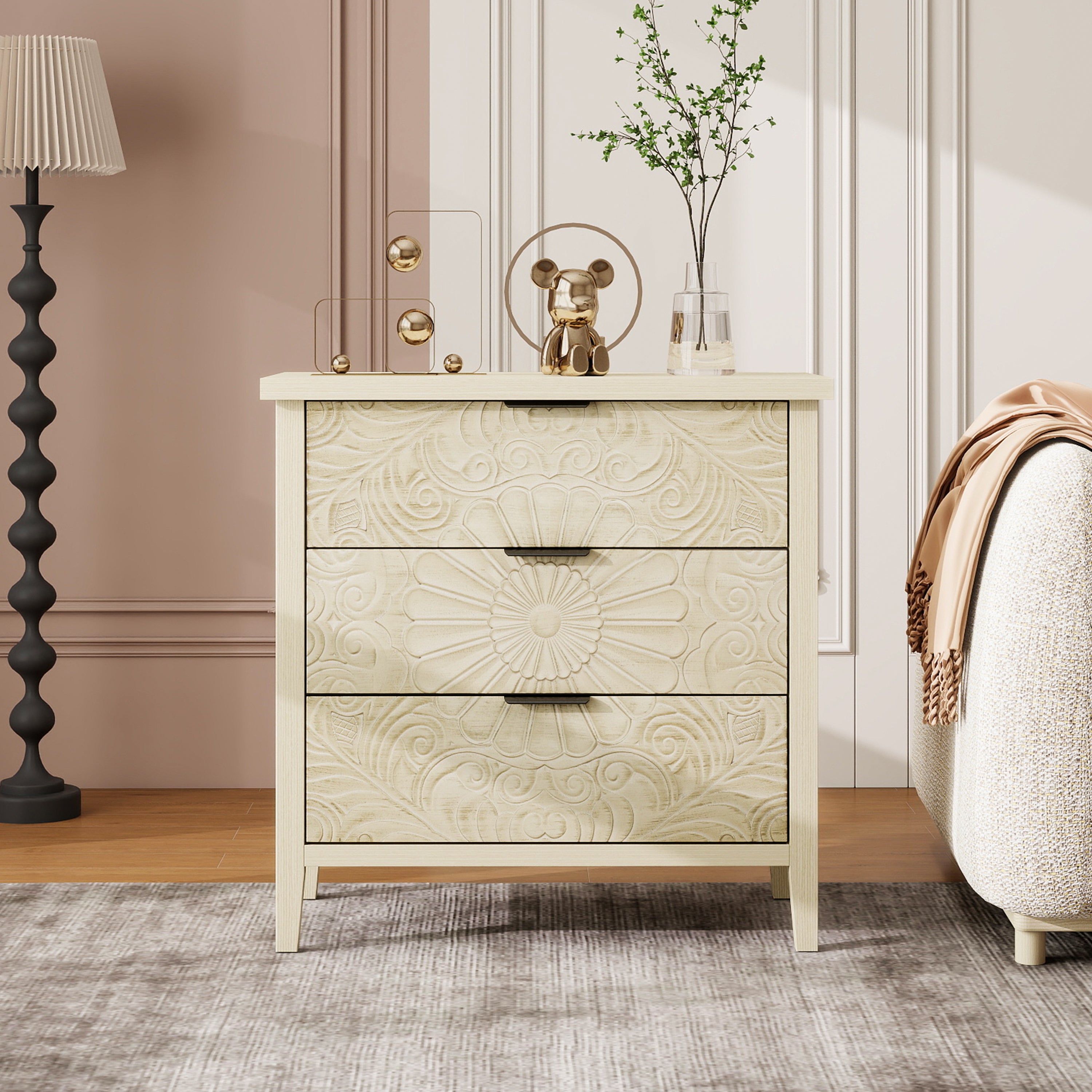 Side Cabinet, Three-Drawer Storage, Natural Wood Look
