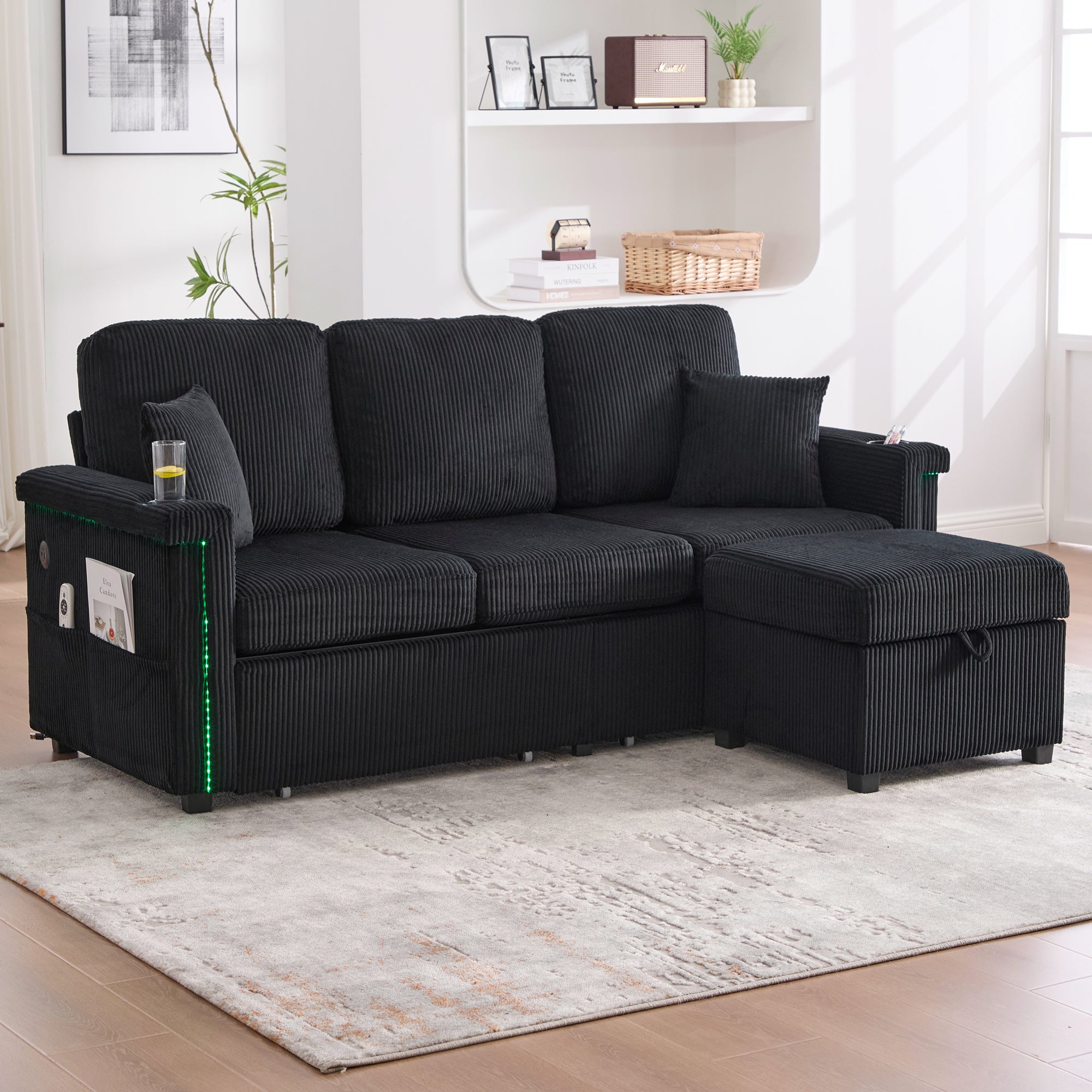 Velvet Sofa with LED & USB-C, Storage Footrest, Cup Holders, Black