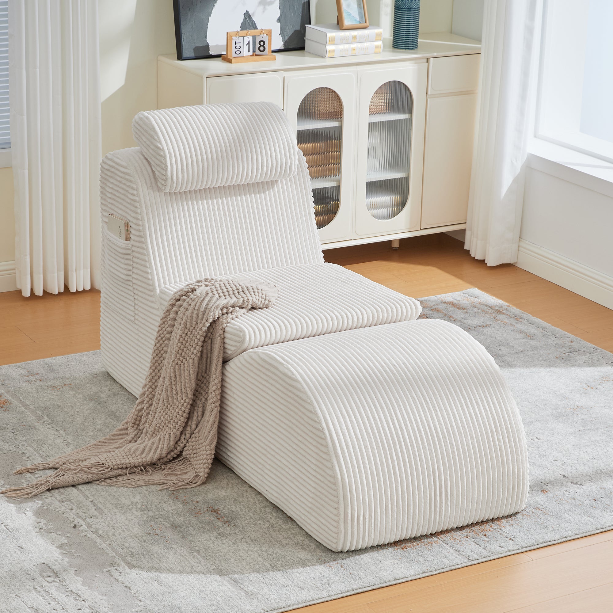 Modern Leisure Chair with Ergonomic Compression Foam and Side Pocket, Beige