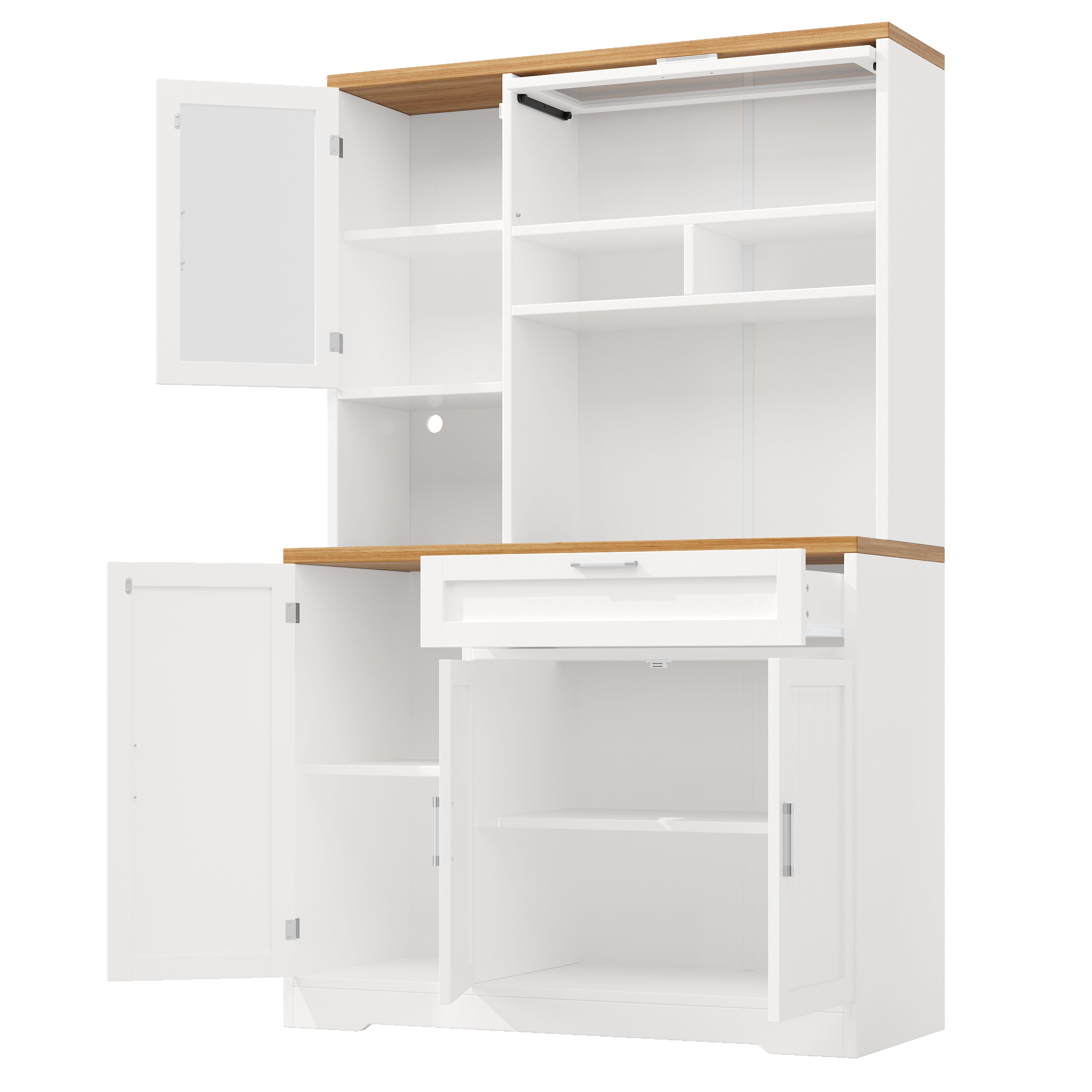 Tall Kitchen Cabinet Display Case with LED Lighting and Glass Doors, White and Black