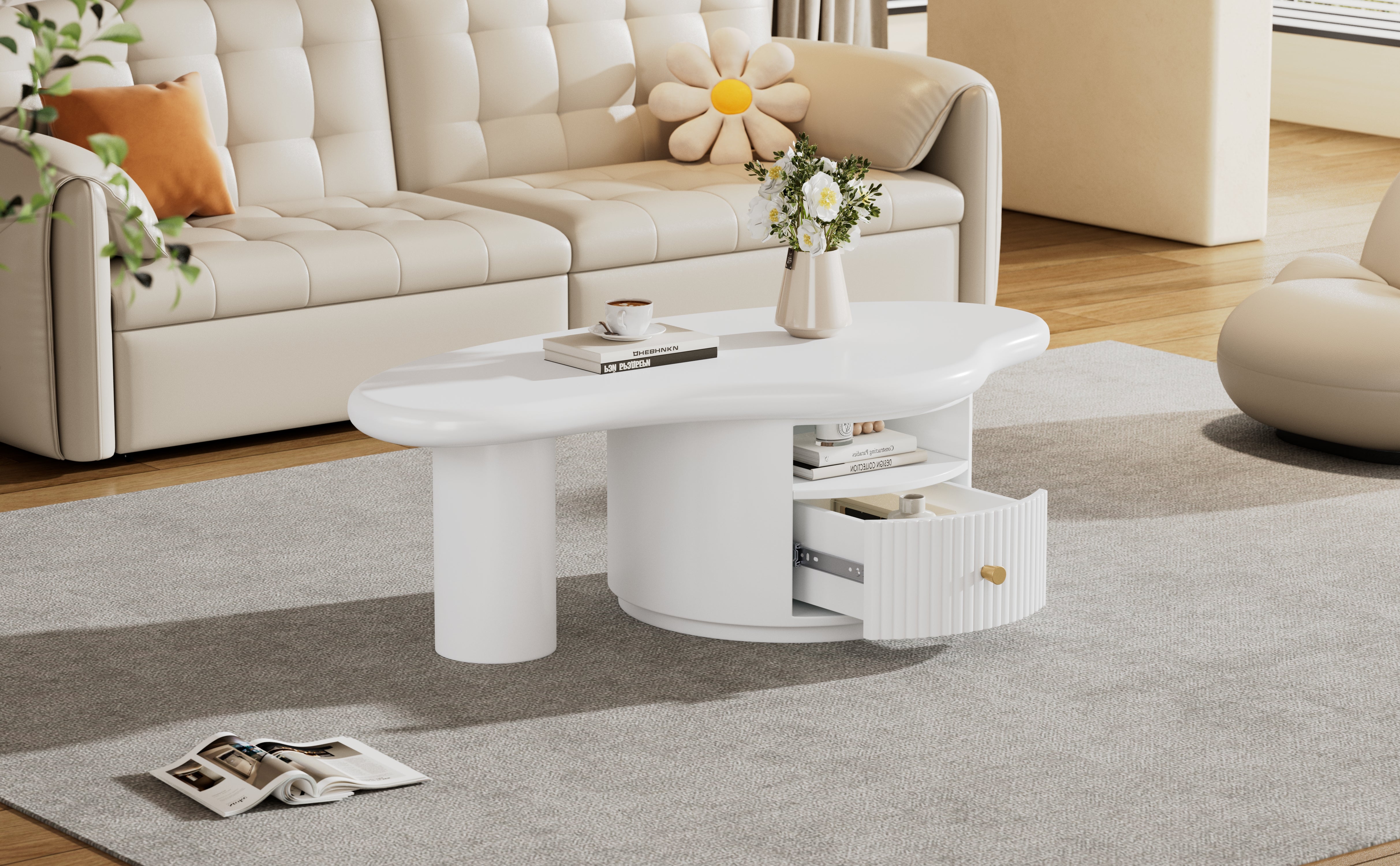 Cloud Coffee Table, Irregular Shape 110cm with Drawer, MDF