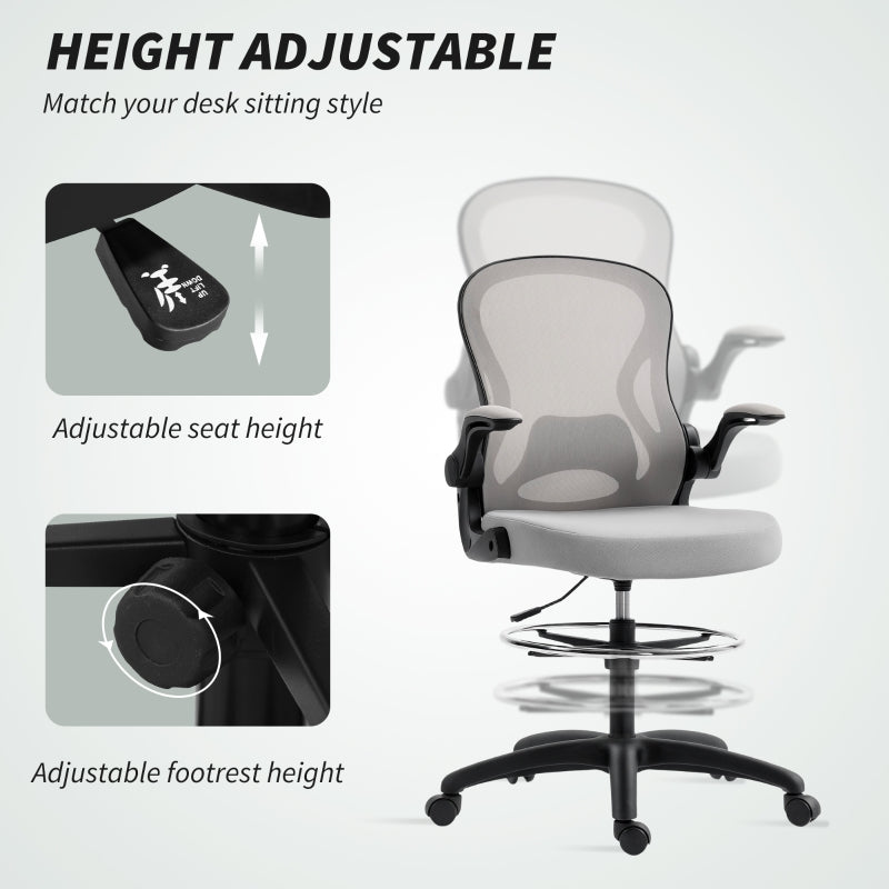 Adjustable Standing Desk Chair, Mesh Flip-up Armrests Lumbar Support Footrest Ring, Grey