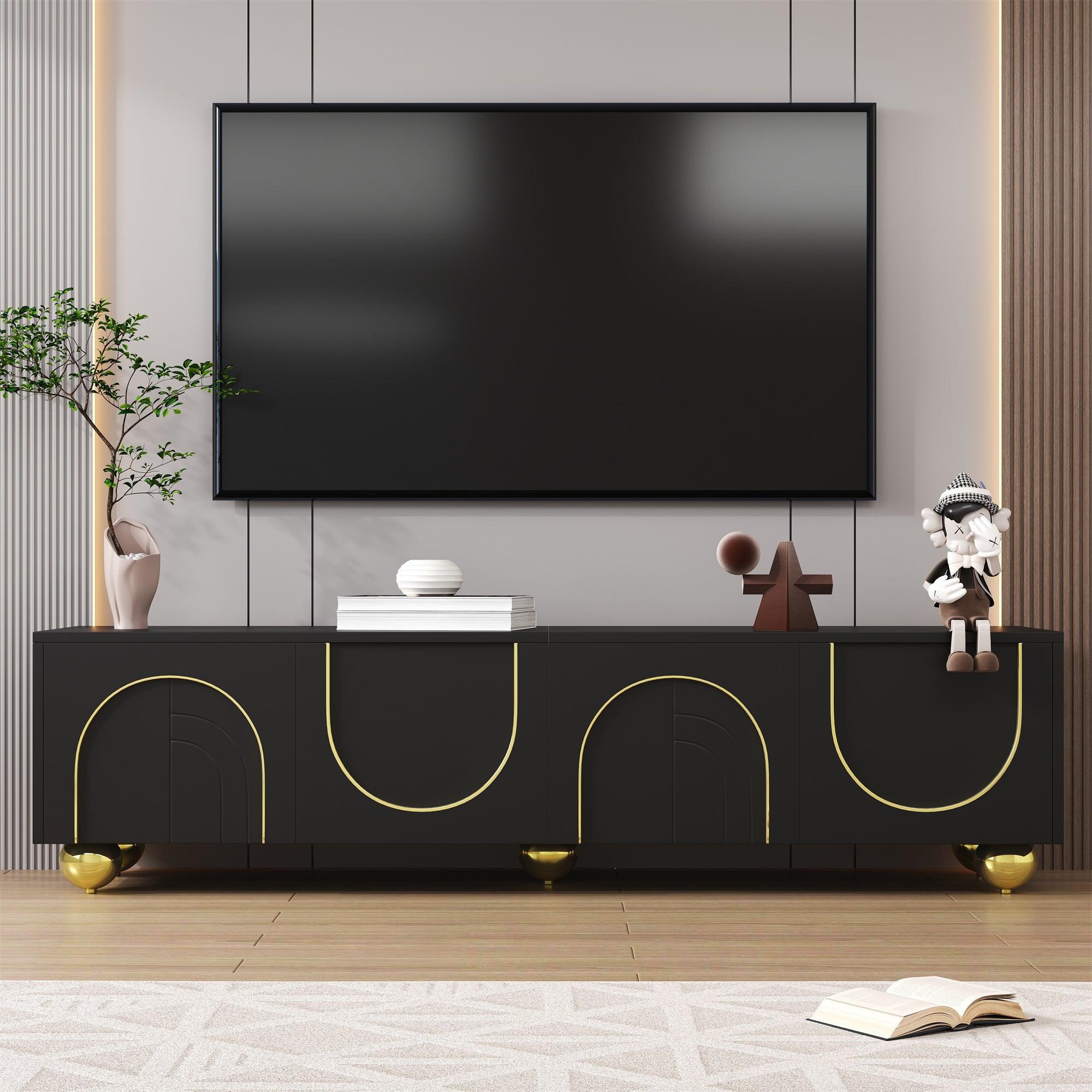 TV Cabinet Lowboard, Textured Doors, Gold Embellishments, Push-to-Open Mechanism, Gold Legs