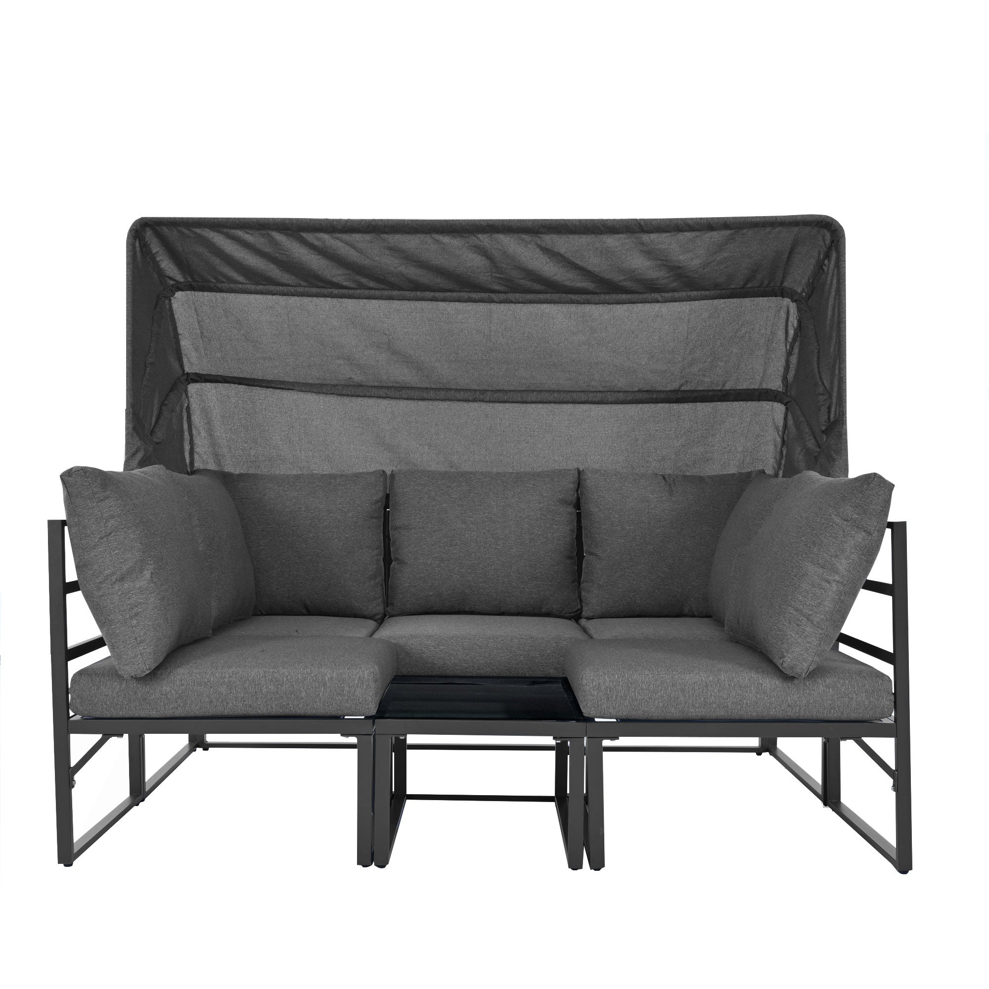 Garden lounge chair set iron, 4-piece seating group with stool table and awning, weatherproof gray