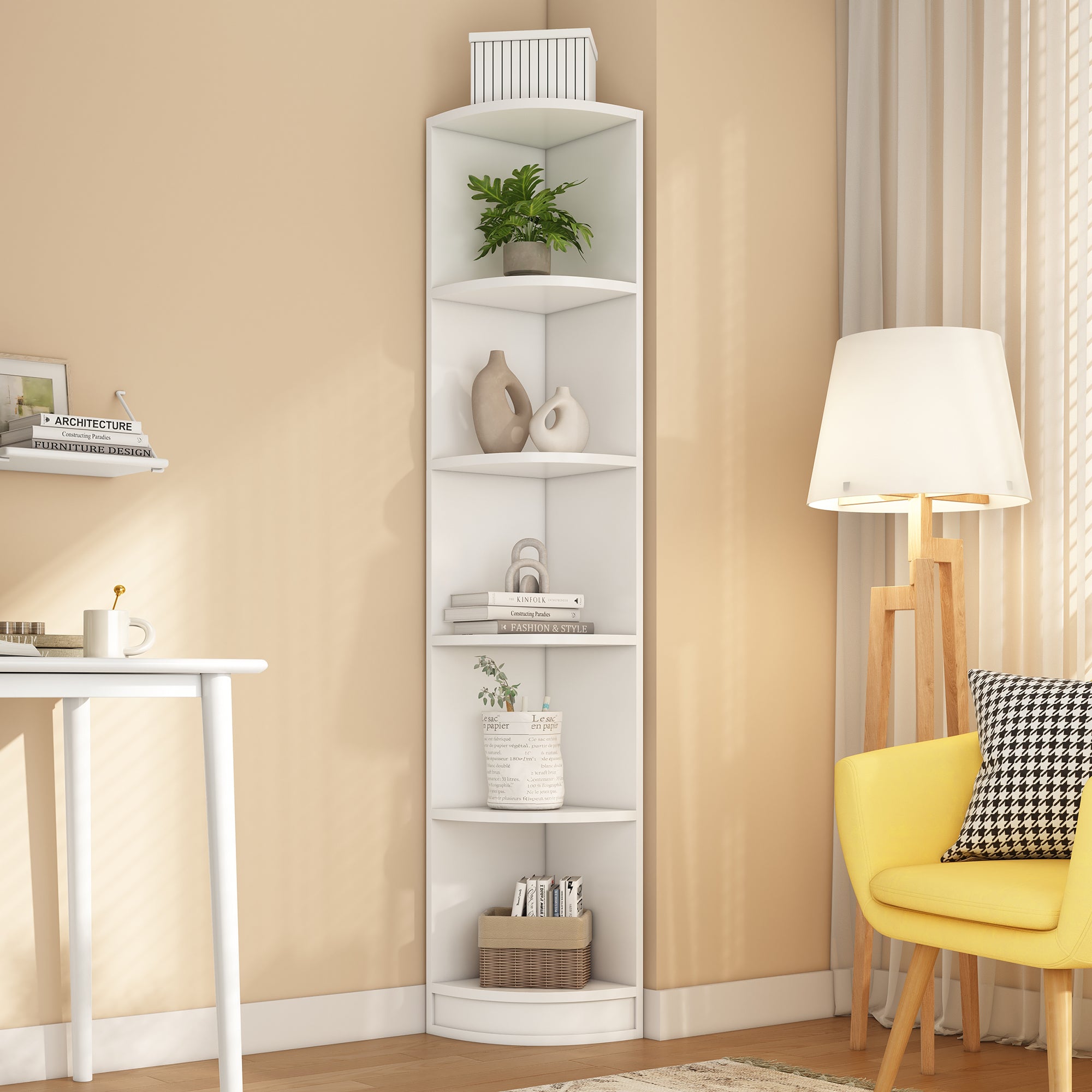Corner Bookcase, Five-Tier Shelf, High Load-Bearing Capacity, MDF White