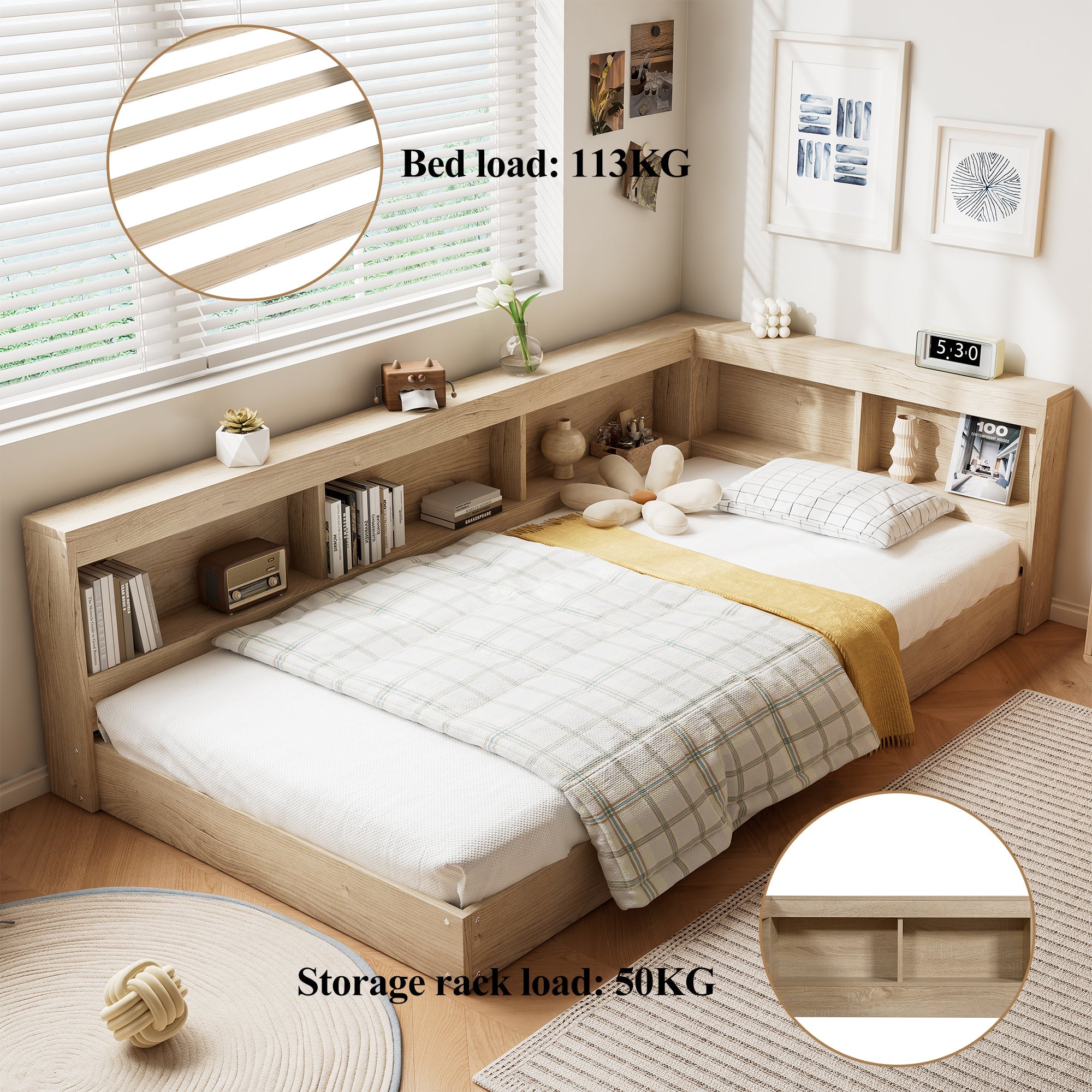 Storage Bed, 3FT Single with Storage Space & Durable MDF+Plywood, White Oak