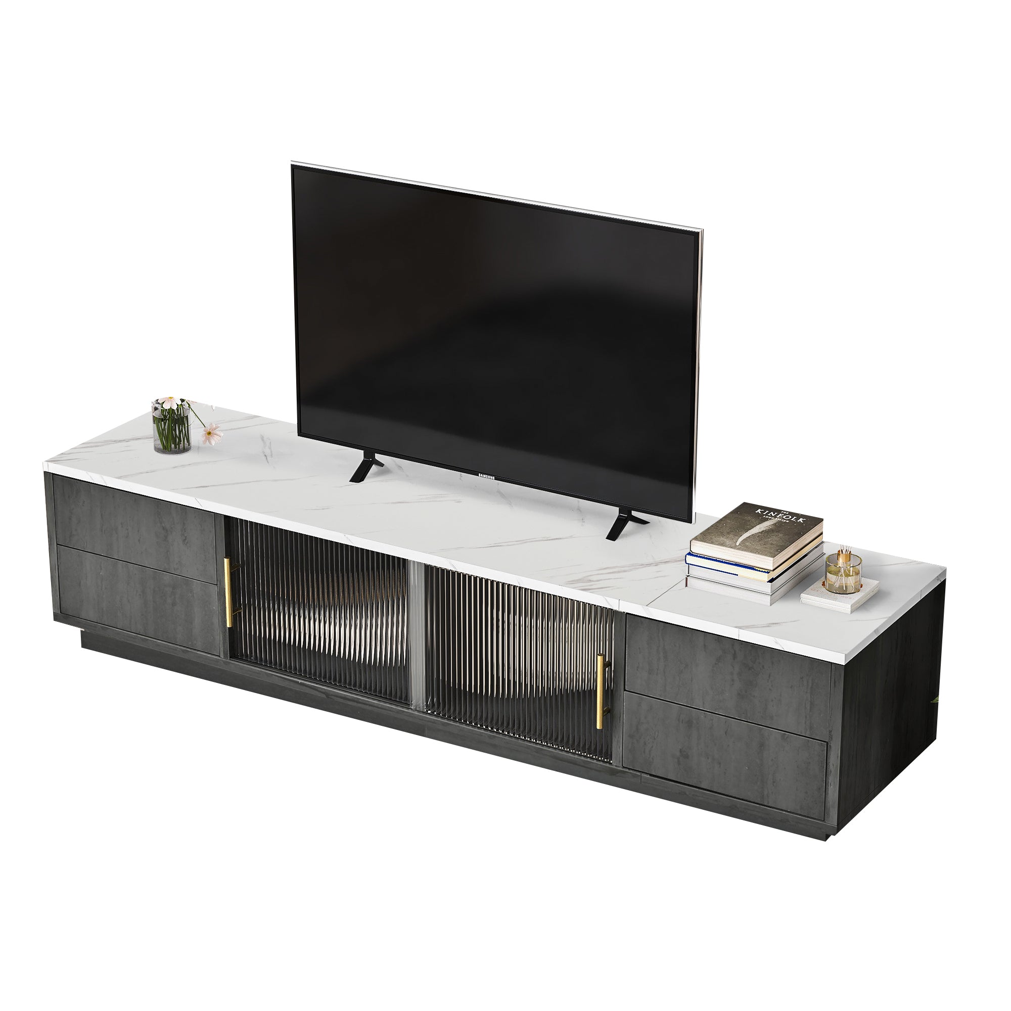 160cm Deluxe TV Stand for 70" TV, Cable Management, Push-to-Open Drawers, Grey Marbled