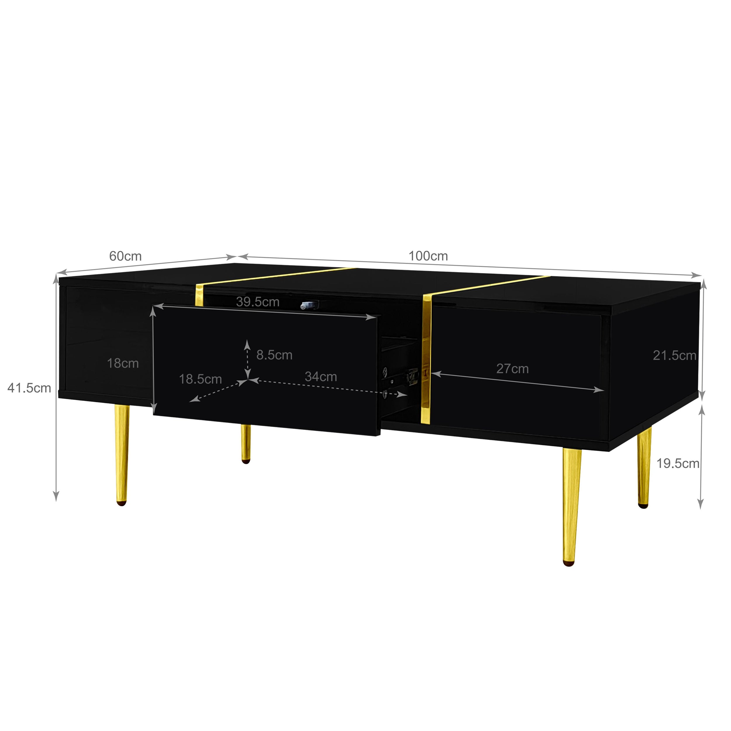 Modern Coffee Table, High Gloss with 2 Drawers, Black
