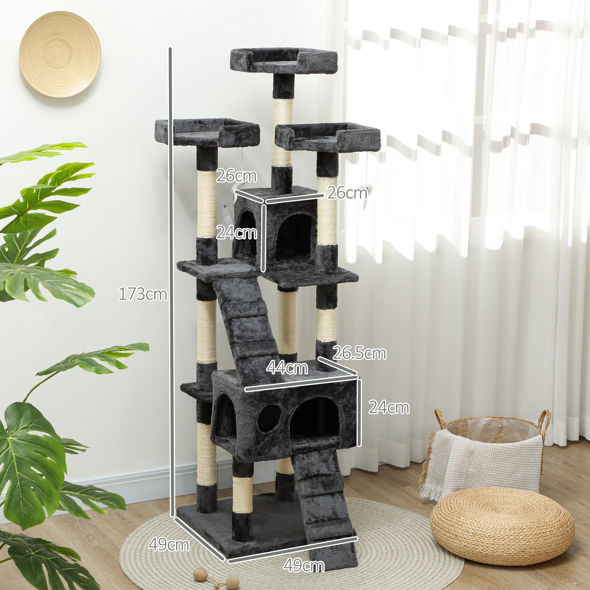 XXL Cat Tree Multi-Level with Cat Cave, Ladder, 50x50x170cm, Grey