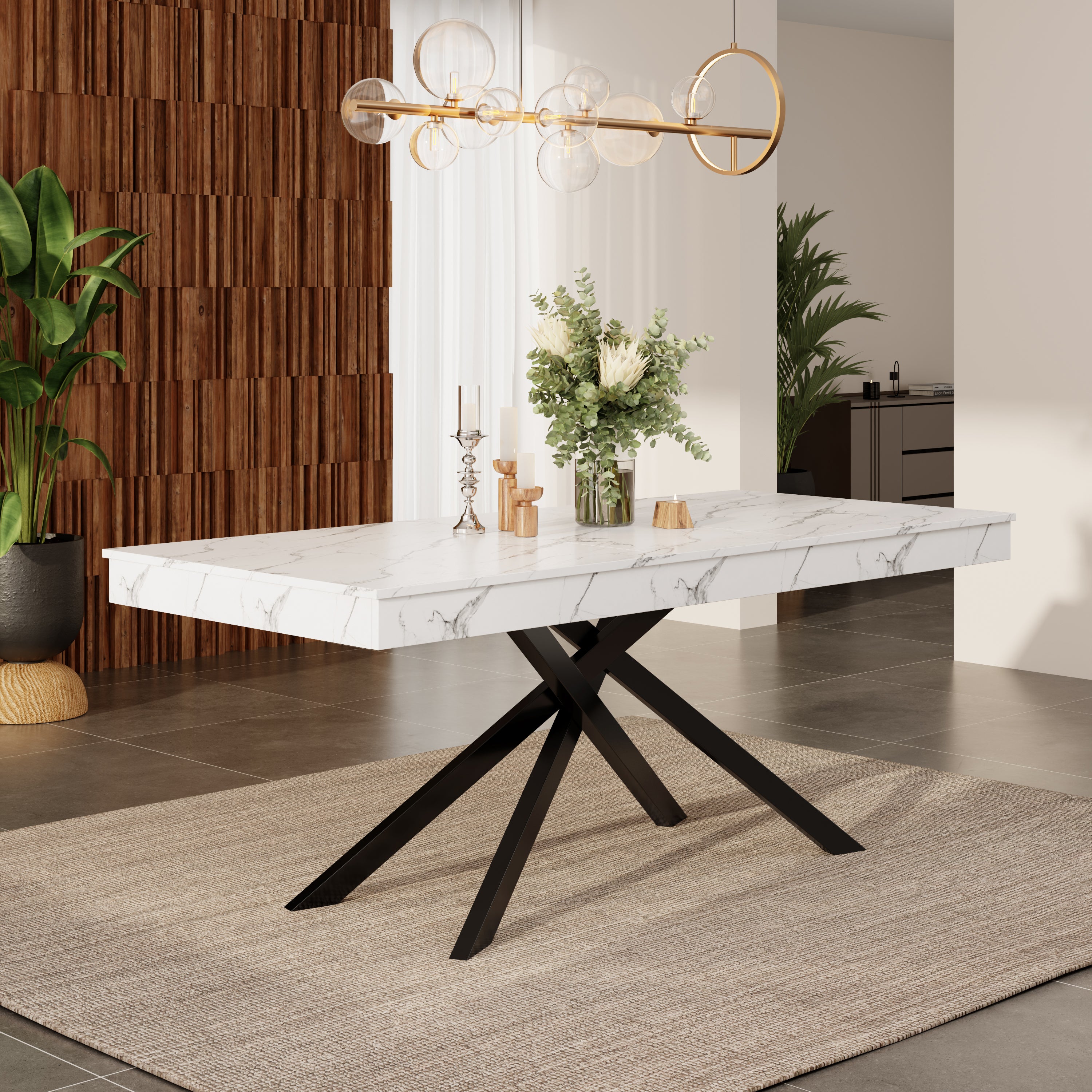 Extendable Dining Table 140/180x80cm Rectangular 6-8 Seater Metal Legs - White