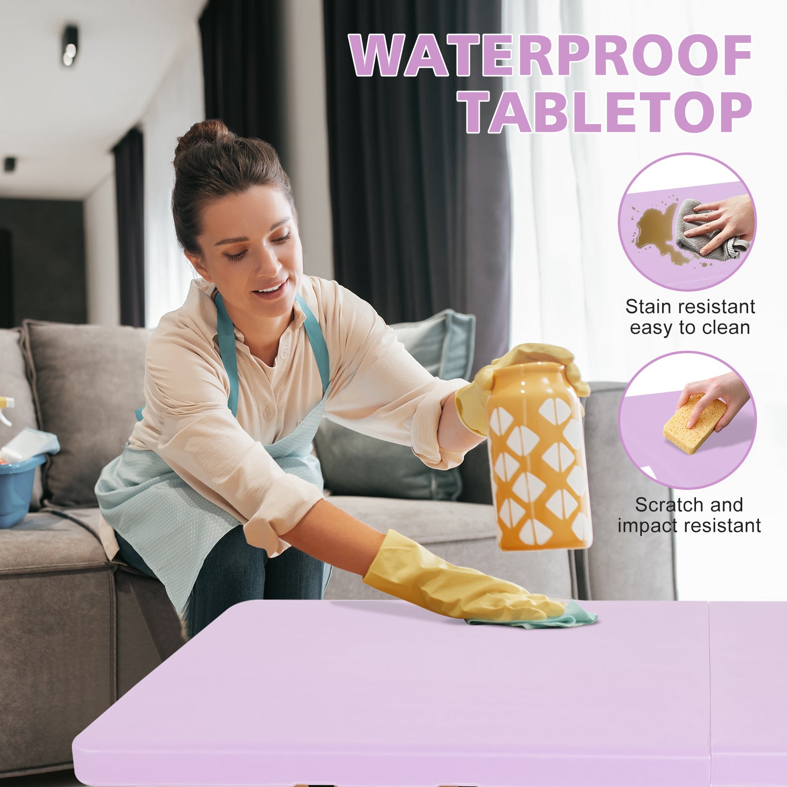 Portable Folding Table 125cm, Adjustable Height, Purple