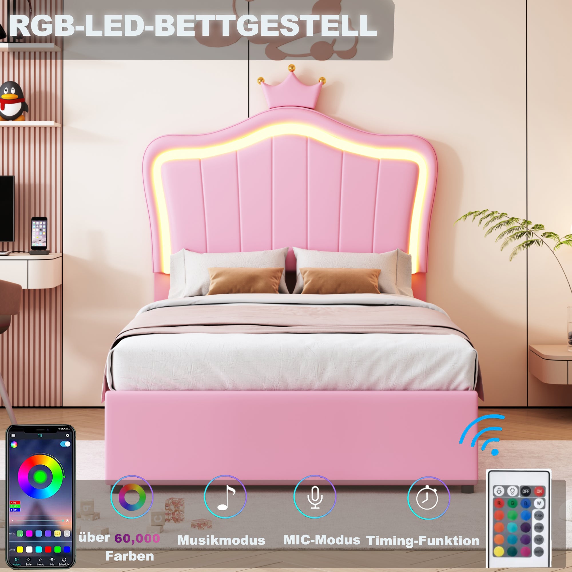 Children's Bed, Crown Design LED Hydraulic Storage, Faux Leather Pink