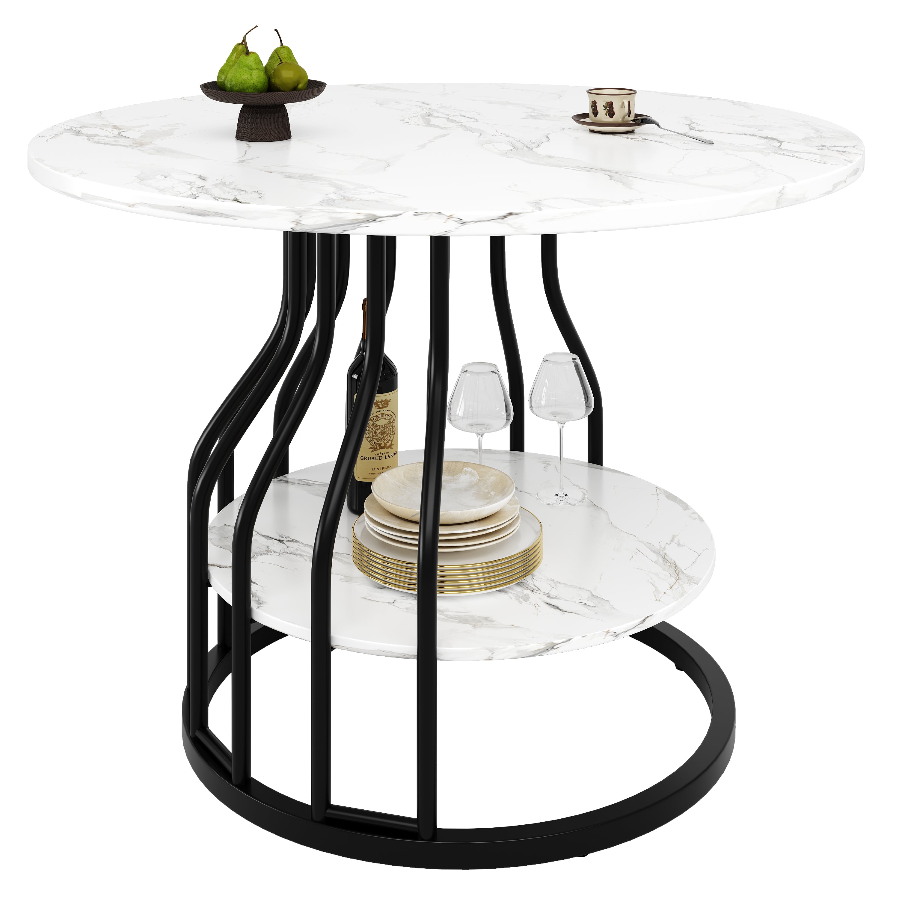 Round Dining Table, 4-Person Storage Shelf MDF Marble, Black