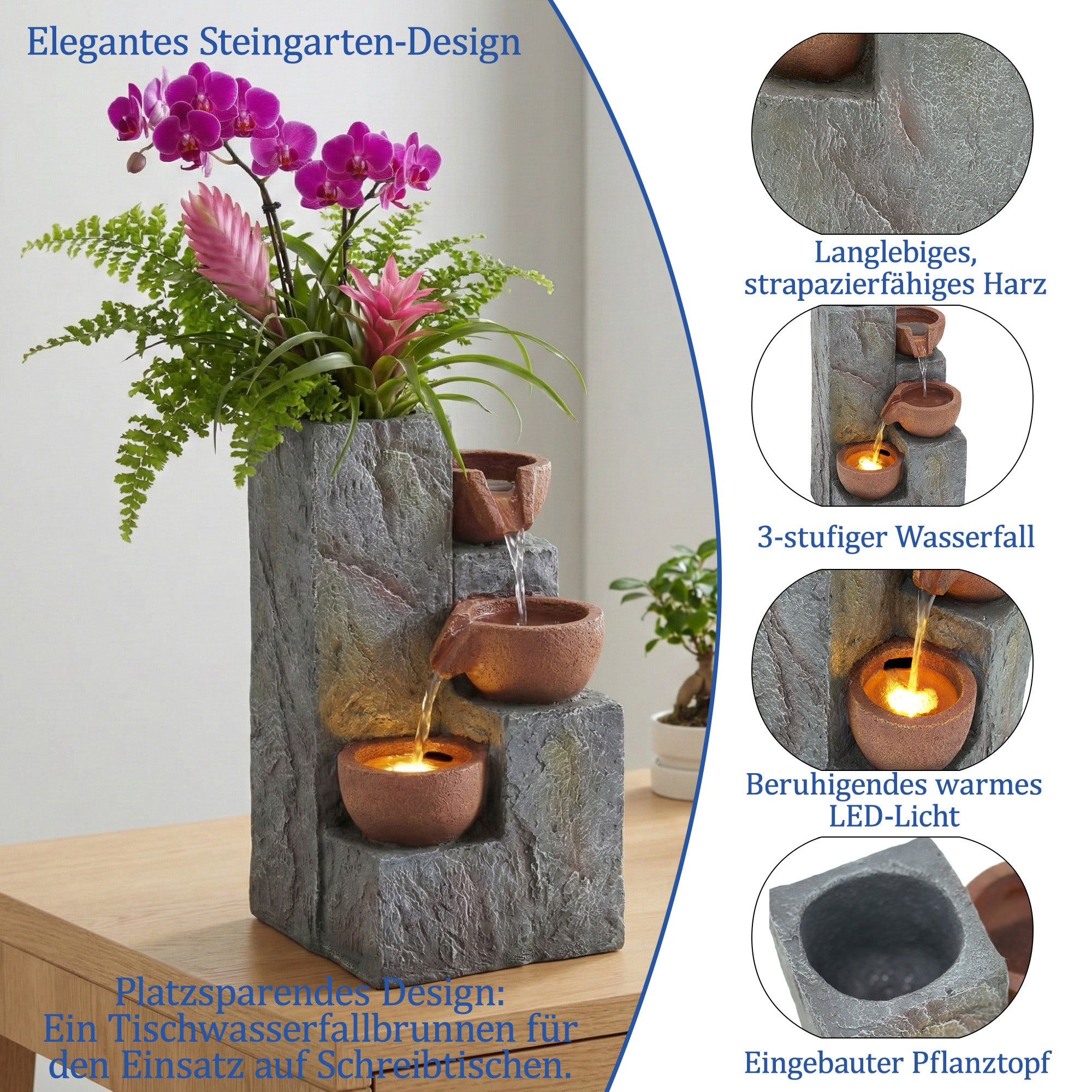 Garden Fountain with Three-Tier Waterfall and Antique Standing Basin, 230V Metal Finish