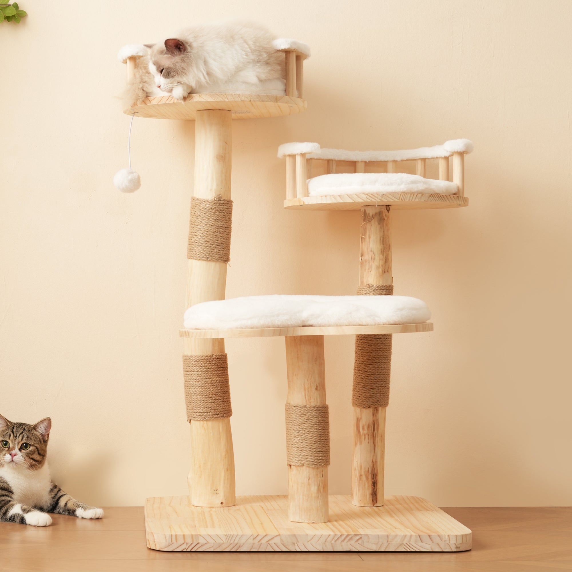 Designer Cat Climbing Frame, 98cm 3-Step Springboard Cloud Imitation, Solid Wood Natural