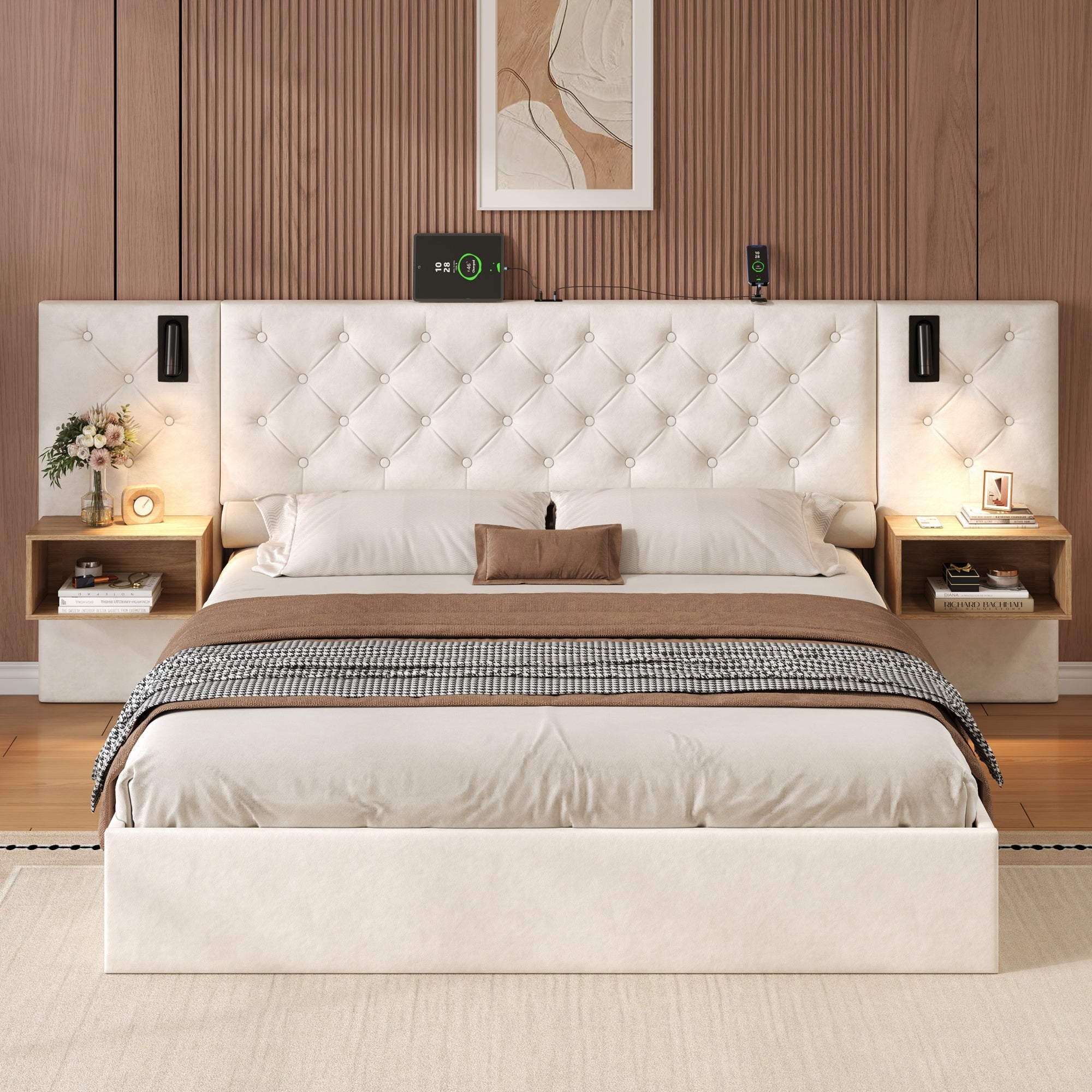 King Upholstered Bed with Charging Station, Reading Light, and Hydraulic Storage, Beige Velvet