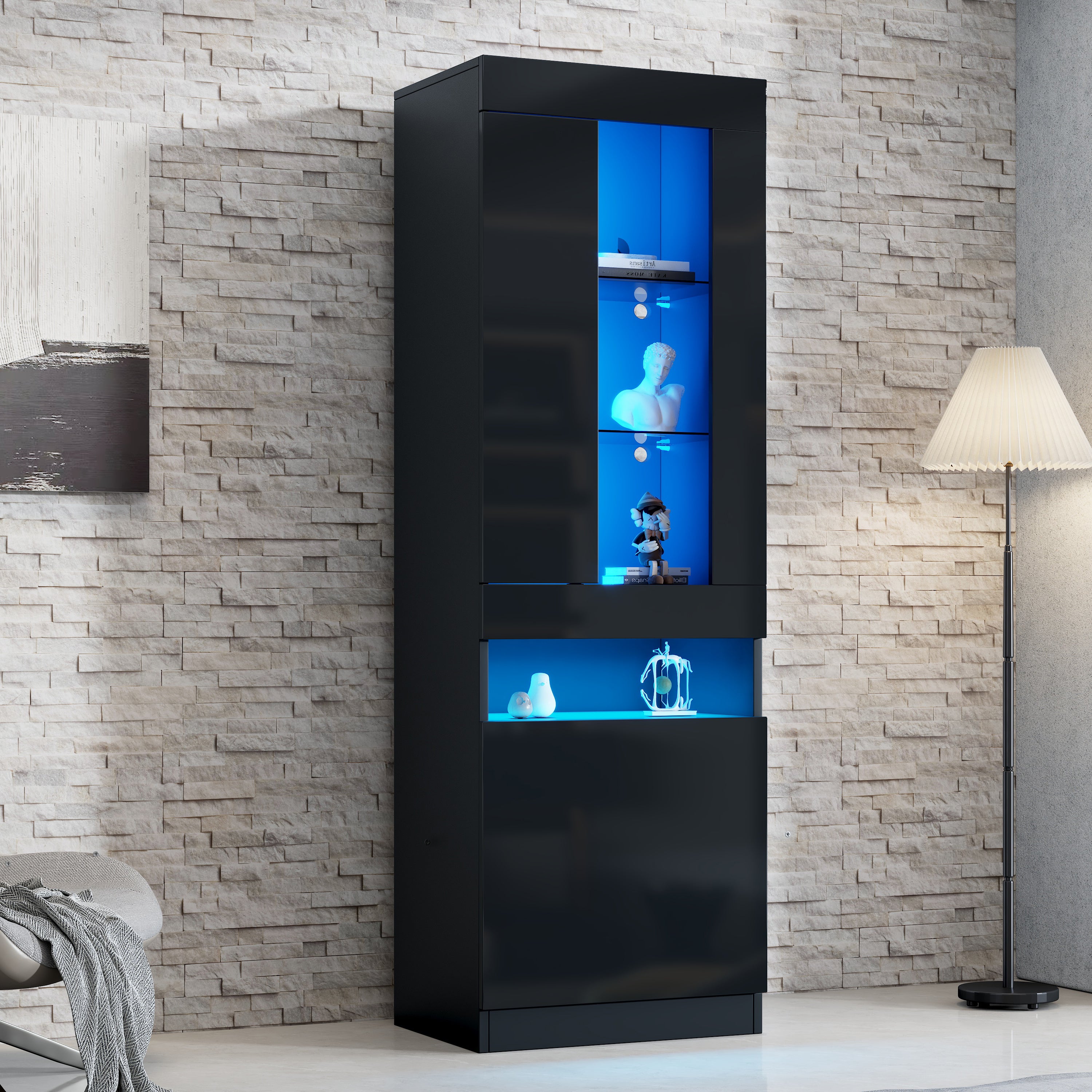 Display Cabinet LED Freestanding Storage - Black