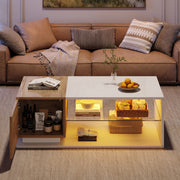 Coffee Table with Open Storage, Glass Shelves and LED, High Gloss White + Wood, MDF + Glass