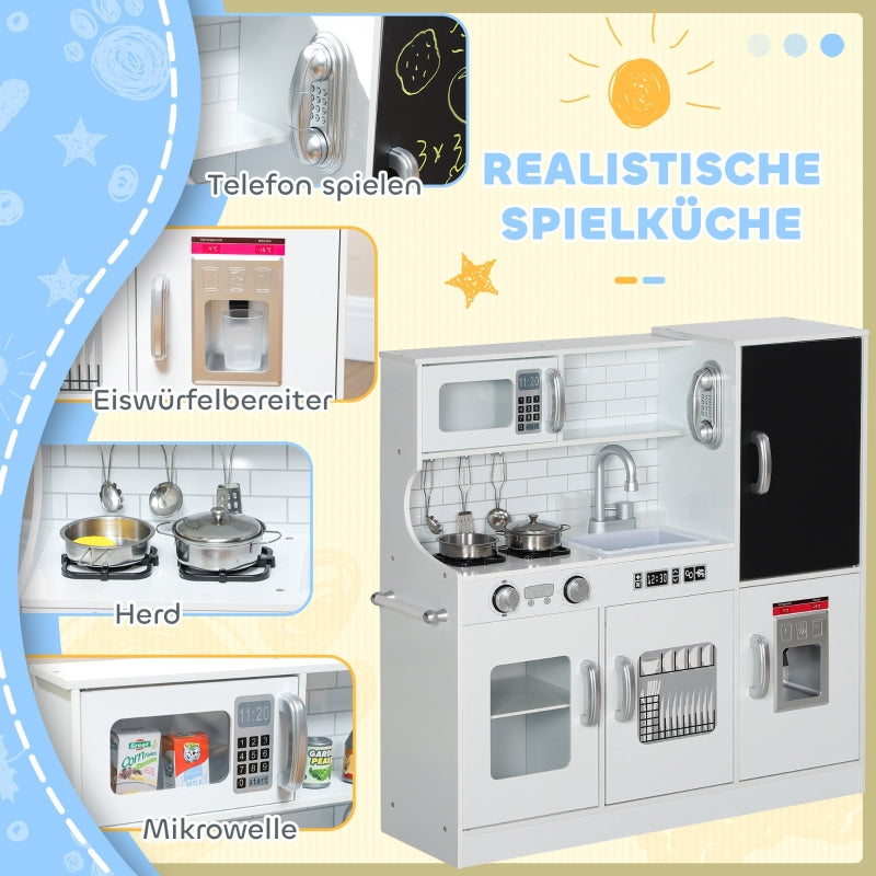 AIYAPLAY Children's Kitchen Play with Telephone, Chalkboard, Microwave, Stove, Sink, Ice Cube Maker, White