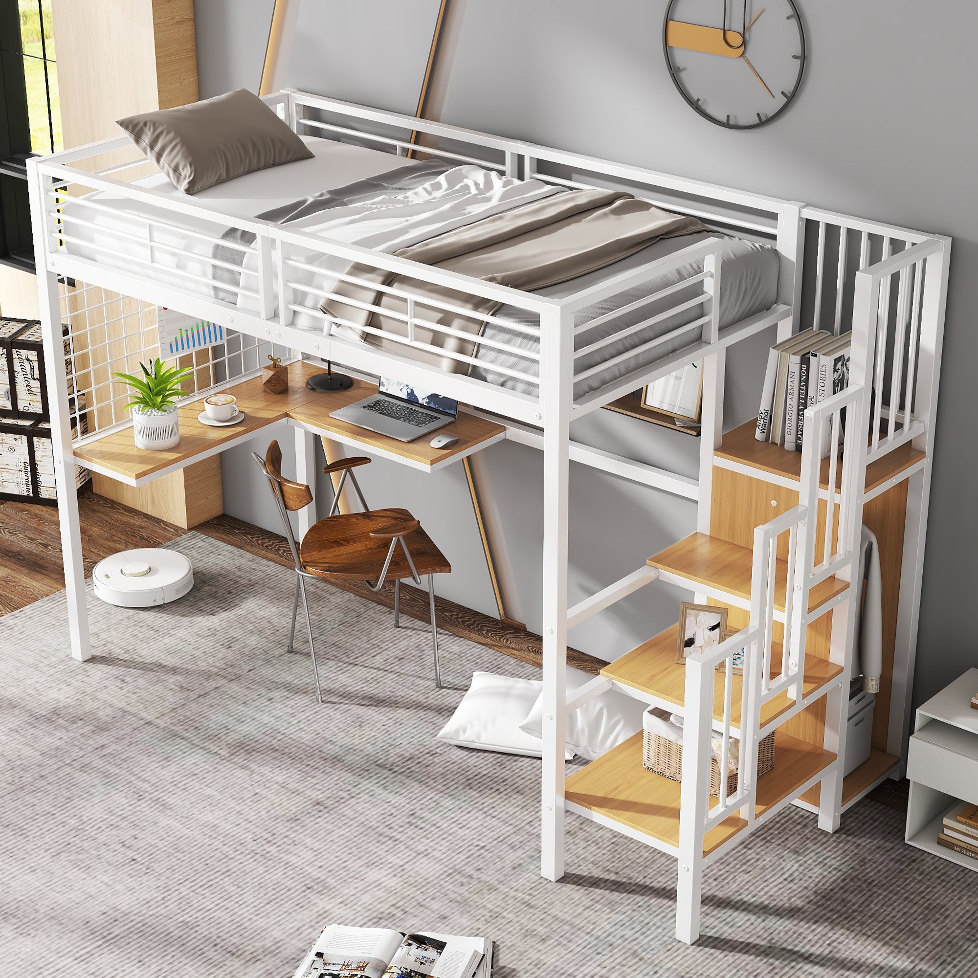 Iron Bed, Bunk/Loft with Table & Wardrobe, White + Natural