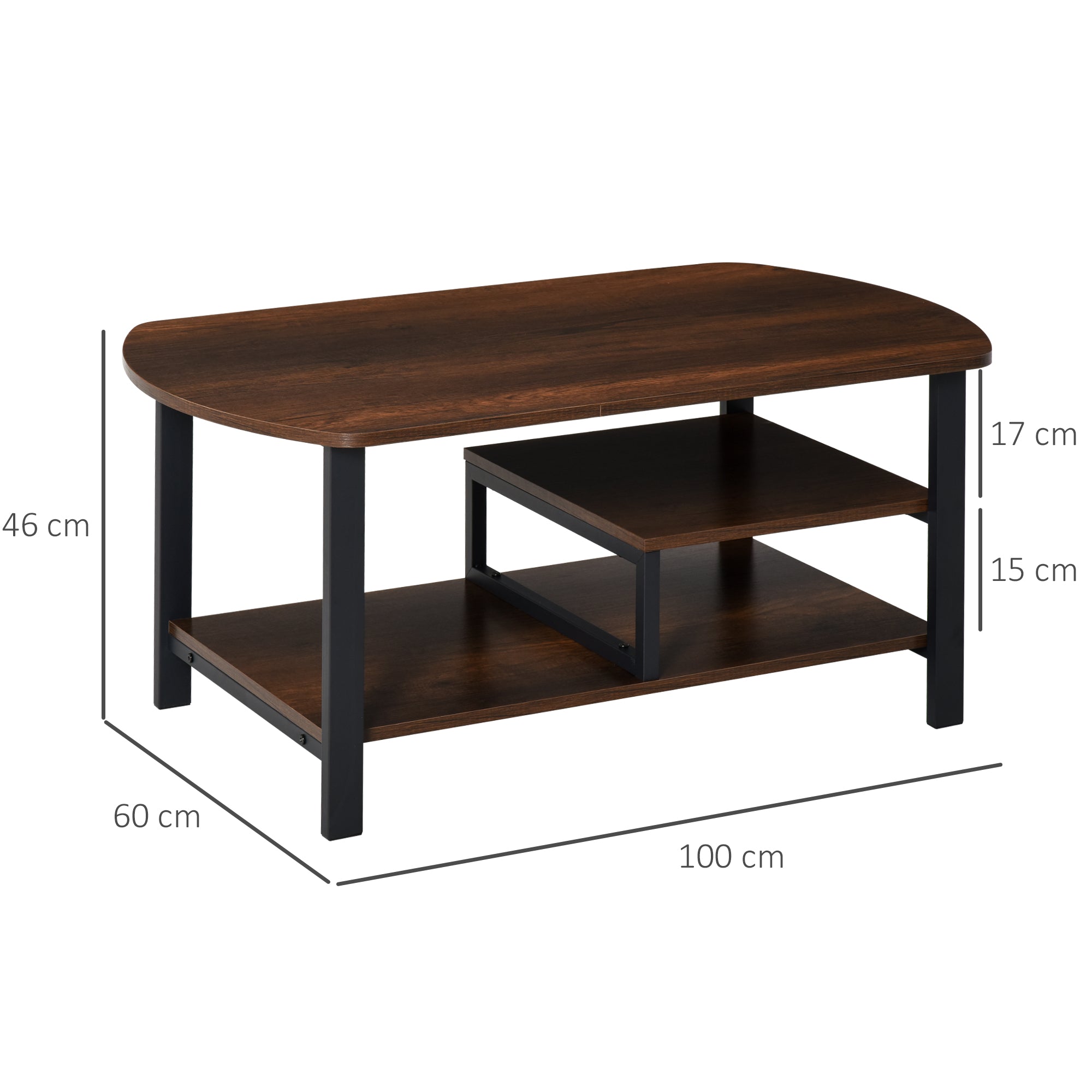 Coffee Table with Storage Surfaces, 100x60x46cm, Chipboard and Steel Brown