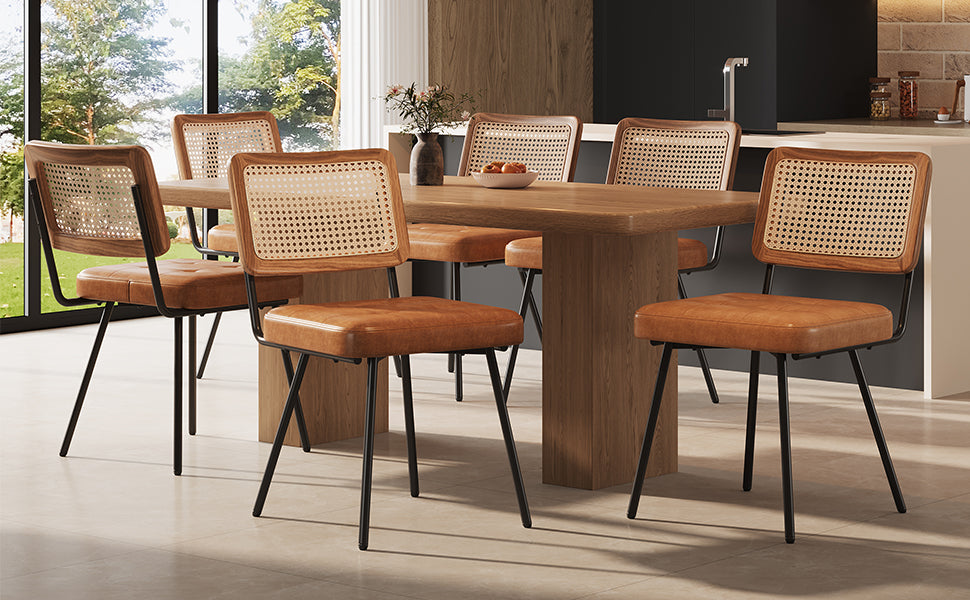 Ergonomic Rattan Dining Chairs with Vanity and Lounge Function, Set of 6, Faux Leather