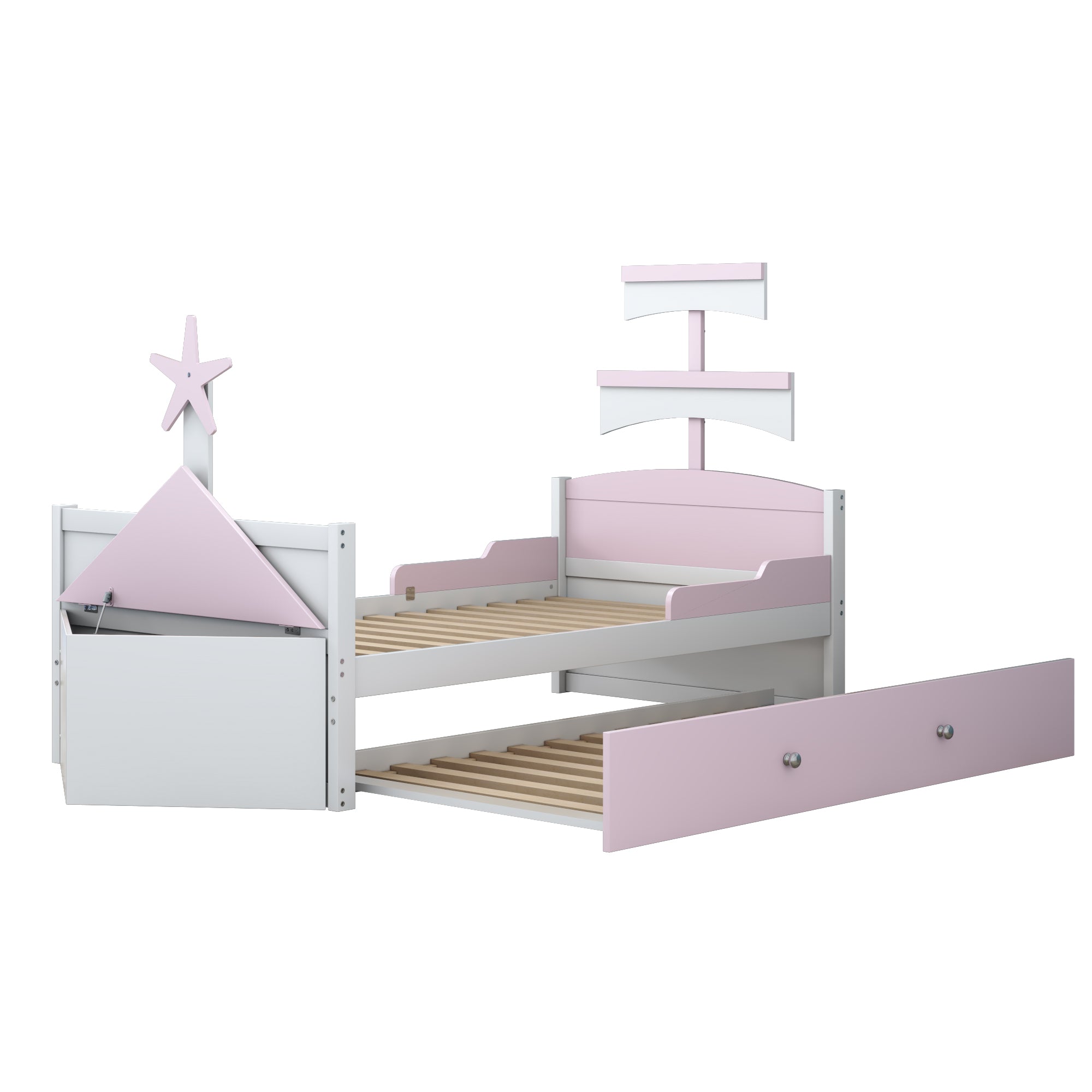 Children's Bed 90*200, Sailboat Shape with Pull-Out Bed & Storage, Pink Wood