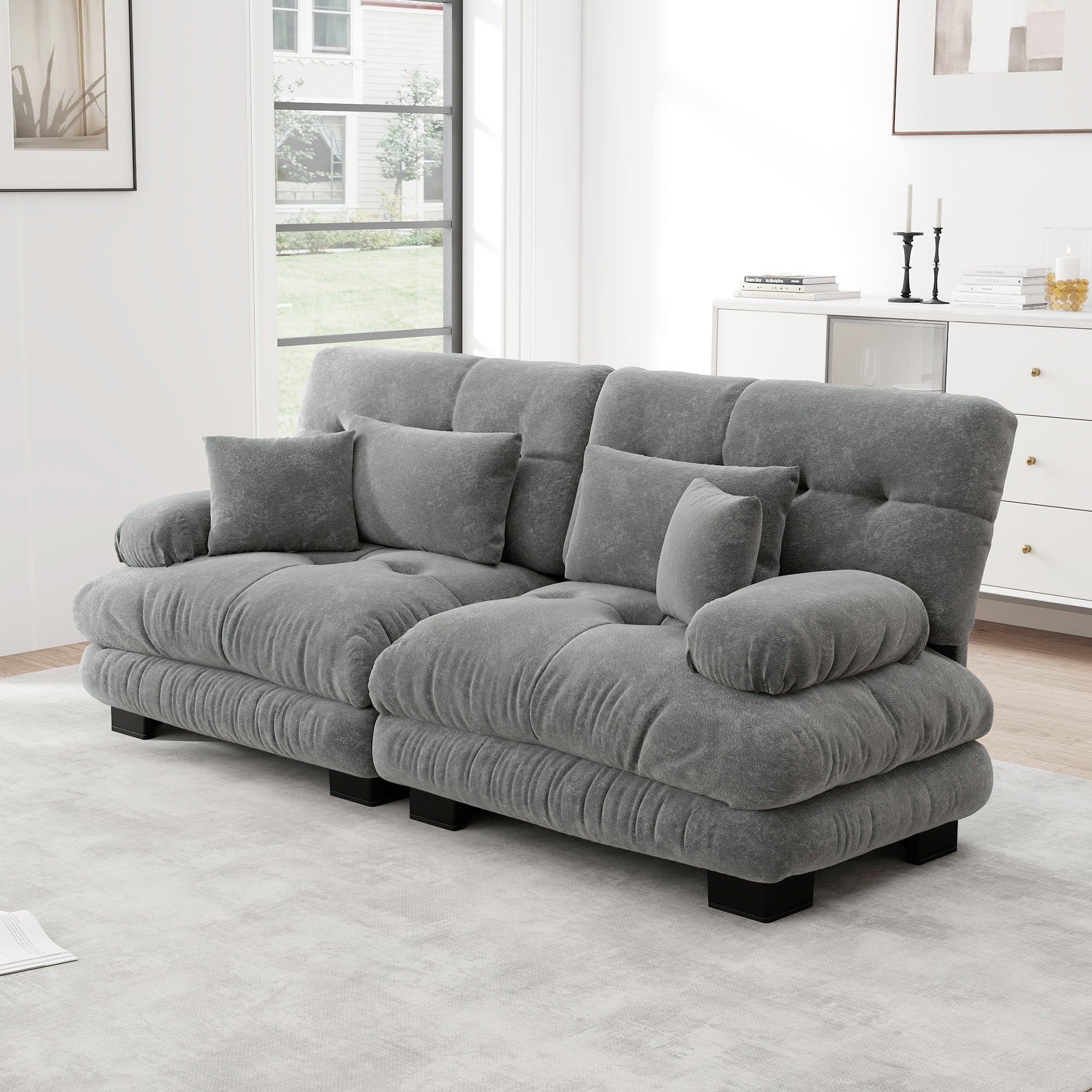 Cloud Corner Sofa, Double with Lumbar & Decorative Cushions, Chenille Grey