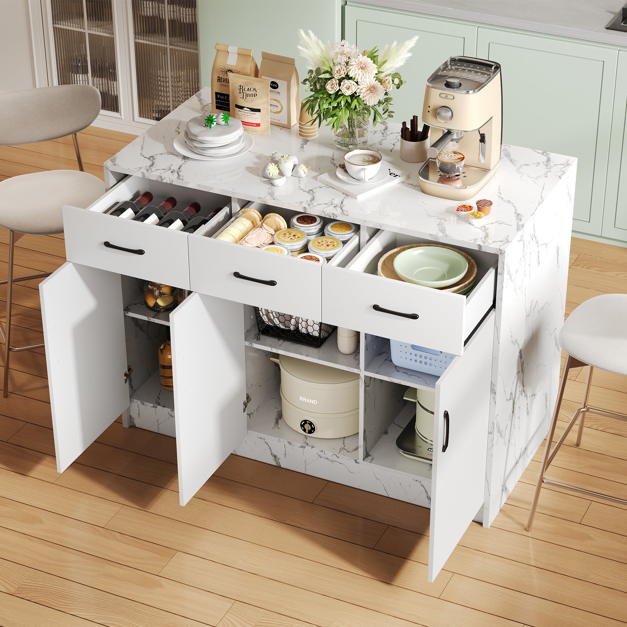 Large Kitchen Island 120x60cm 3 Drawers 3 Doors Adjustable Shelves - White Marble Design