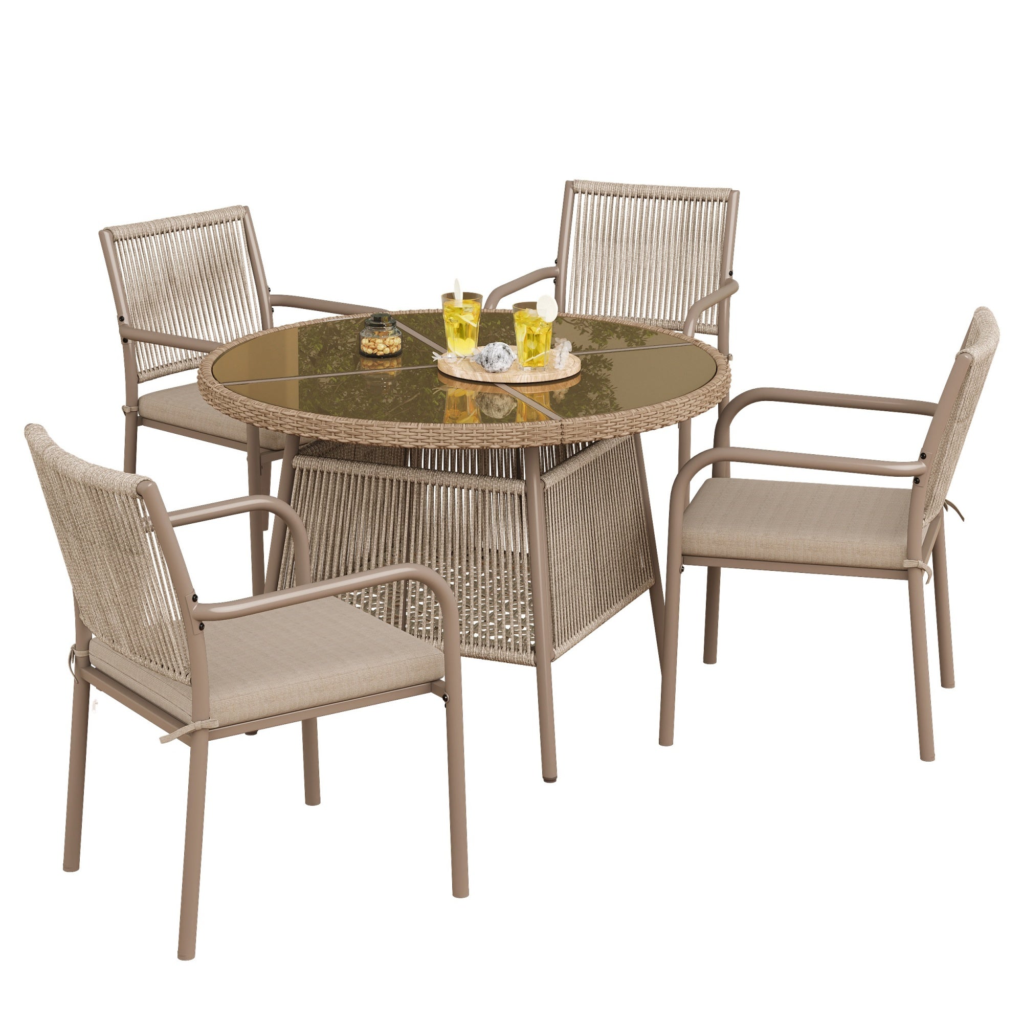 Rattan Garden Set Round Glass Table 4 Armchairs - Iron Frame