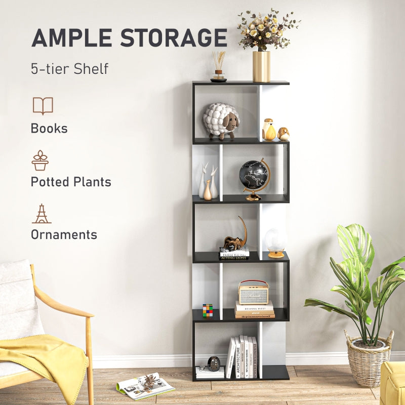 Bookcase S-Shaped 5/6 Tiers Freestanding Display Storage Rack, Wooden Black and White