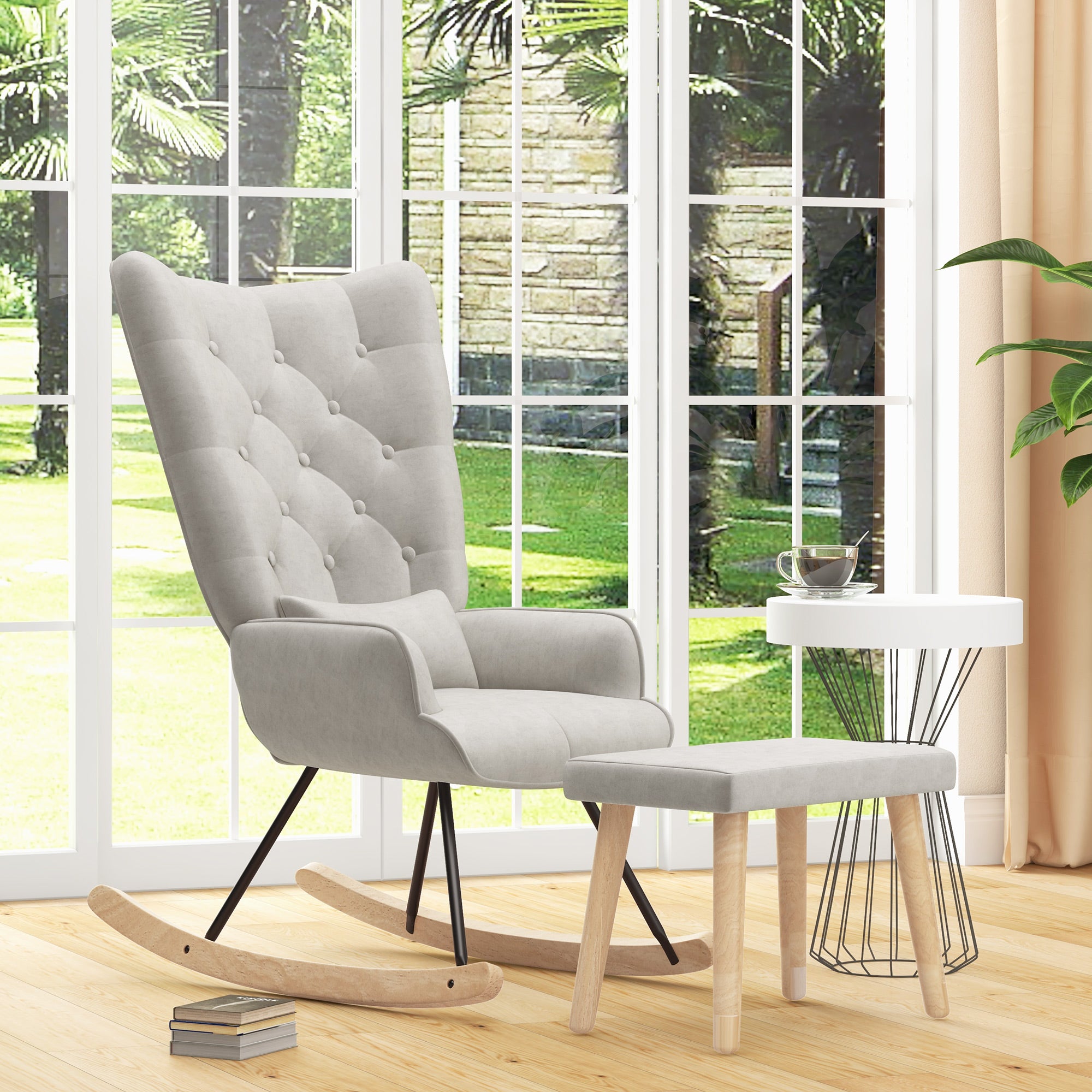 Rocking Chair with Stool, Cushion, Wingback, Cream White Velvet