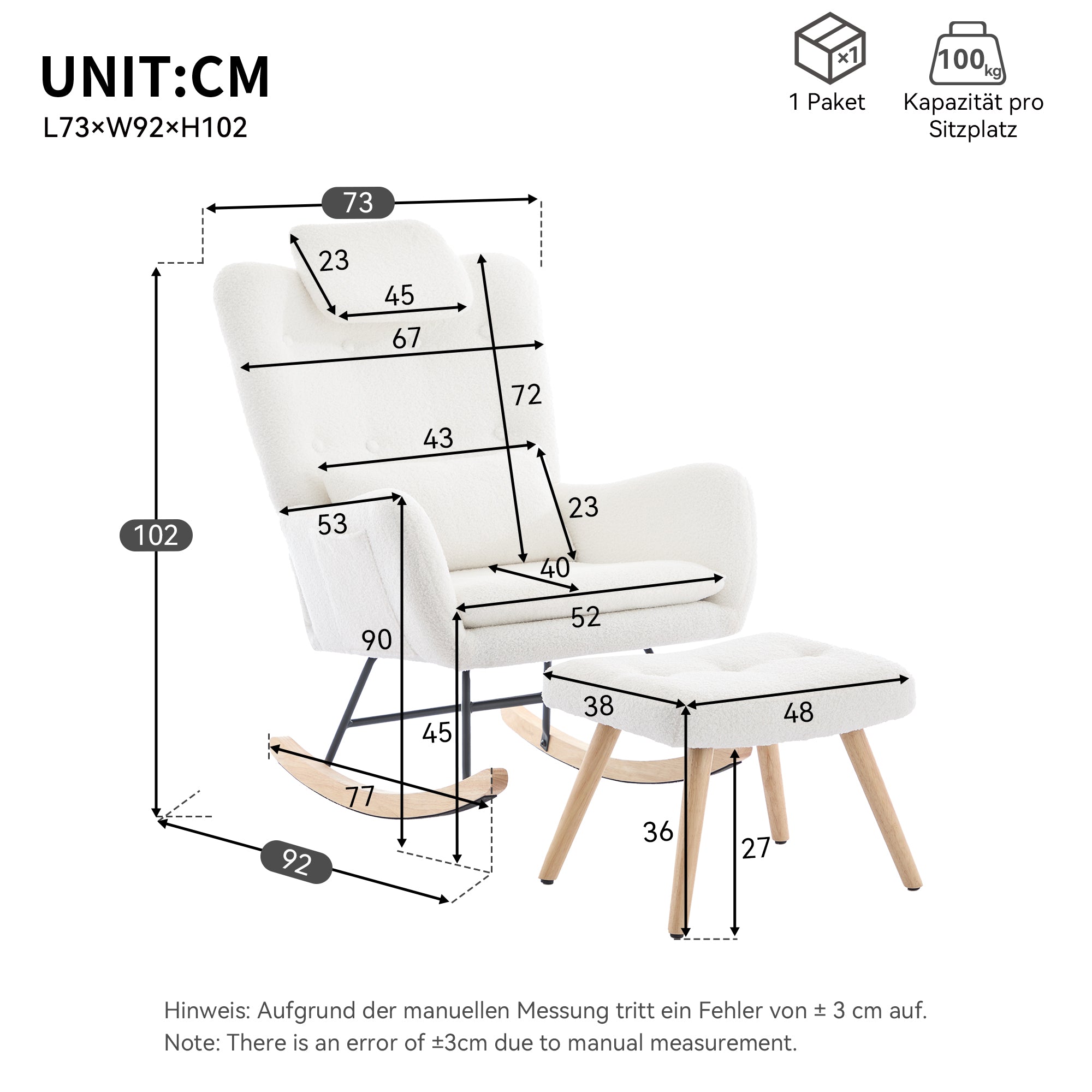 Rocking Chair with Footstool, Armrests Recliner Lounge Chair, Teddy Velvet Fabric