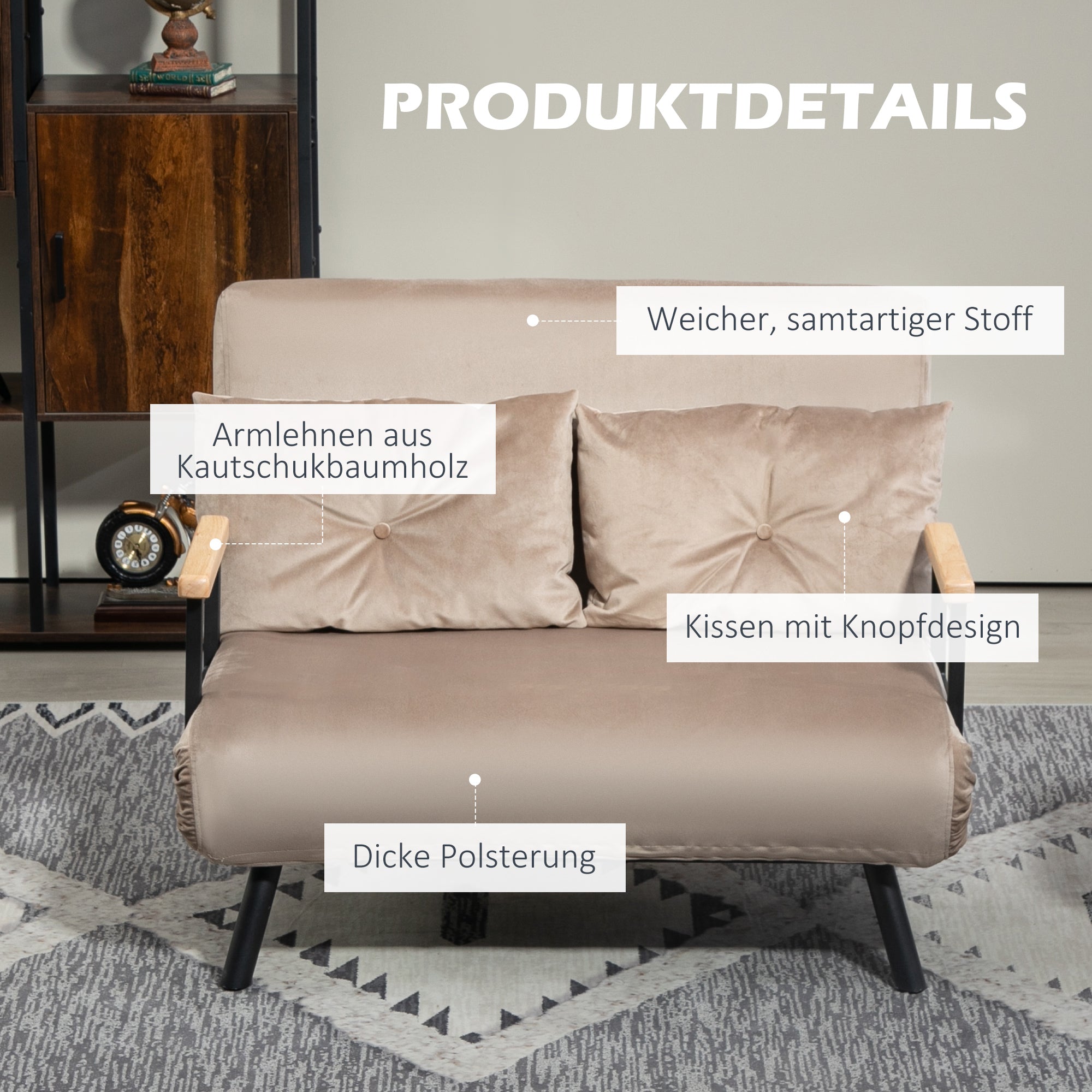 2-Seater Sofa Sleeper, Adjustable Backrest, Velvet Look Light Brown