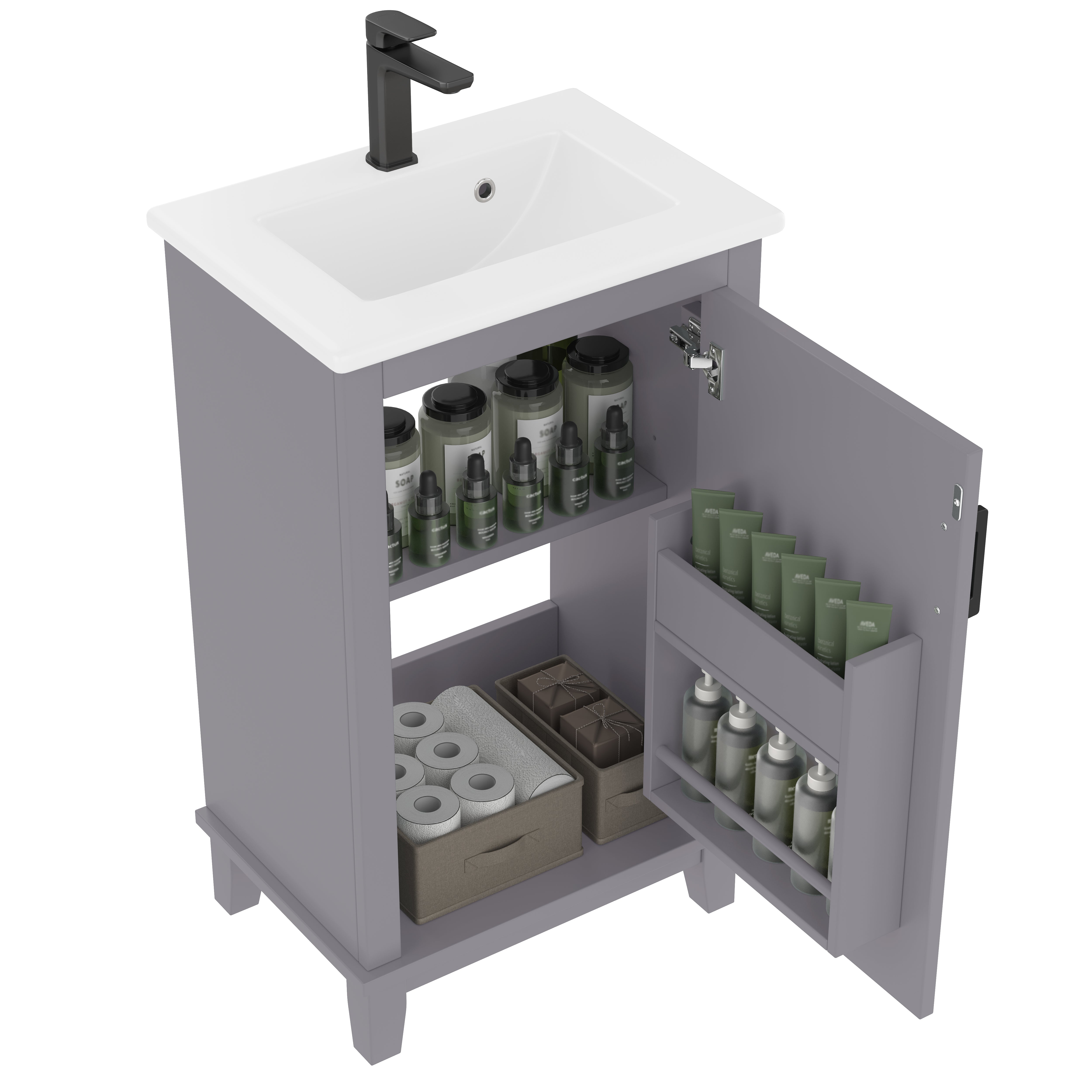 Bathroom Vanity Unit with Ceramic Sink and Adjustable Shelves, Grey