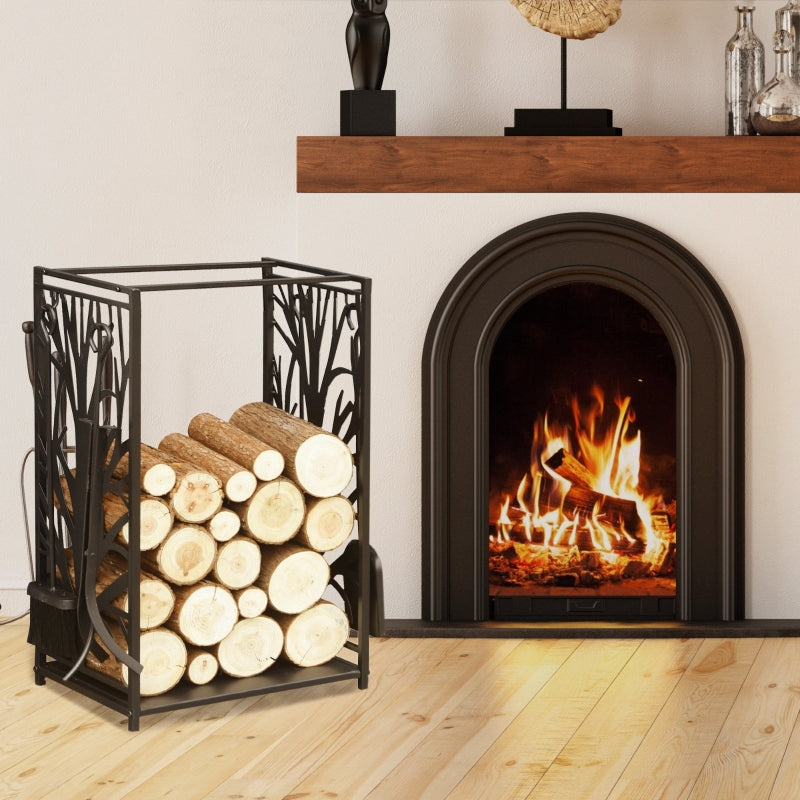 Steel Firewood Log Holder Indoor Outdoor Rack with 4 Tools, Black