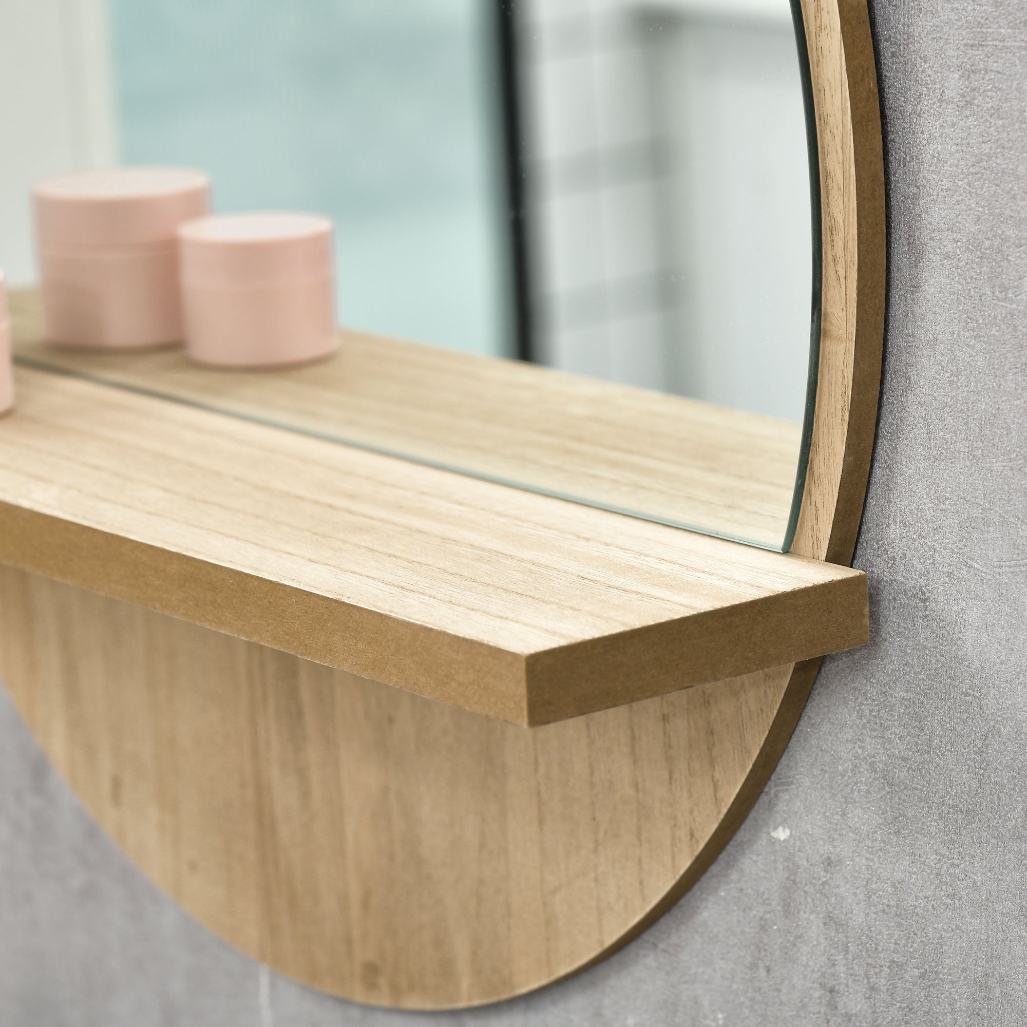 Kleankin Round Home Mirror with Shelf - Natural Wood Effect