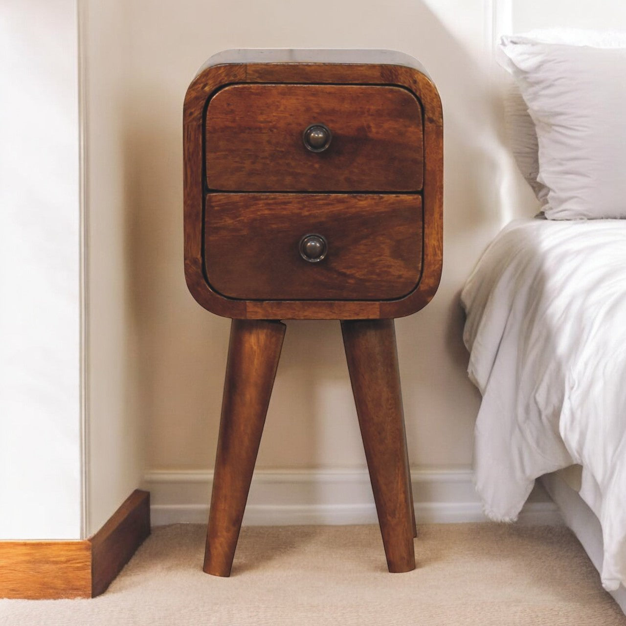Bedside Table, Extra Mini Curved Chestnut 2 Drawers, Dark Brown Solid Wood