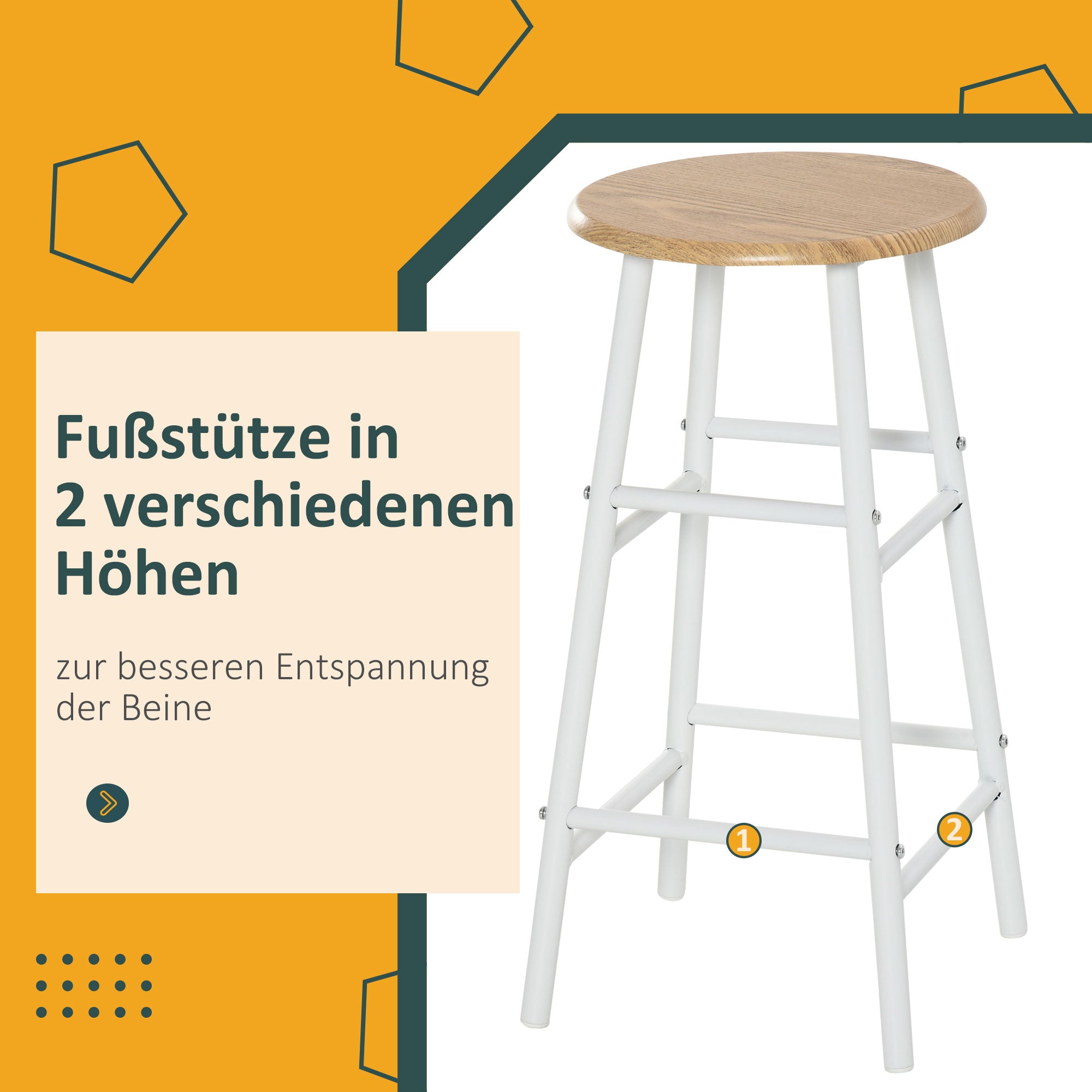 3-Piece Bar Table Set 2 Bar Stools Storage Shelf, MDF Steel, White + Oak