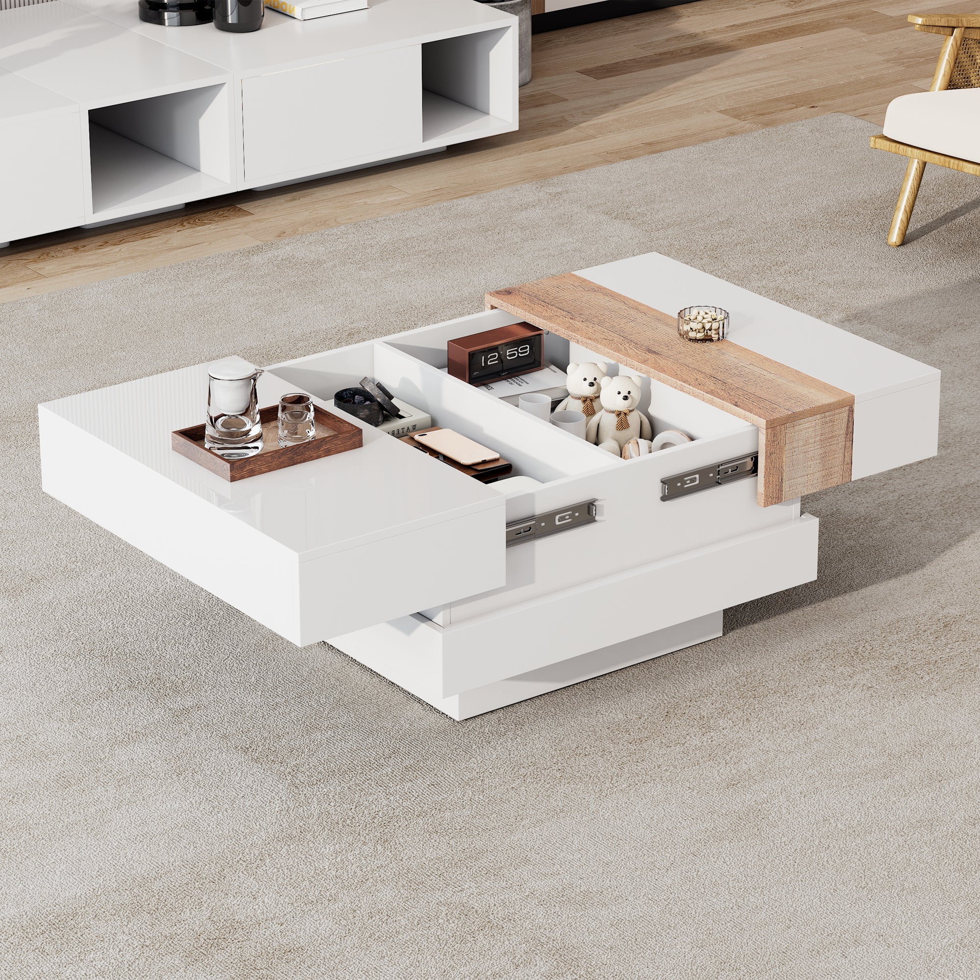 Coffee Table, Square with Extendable Top & Hidden Storage, White High Gloss