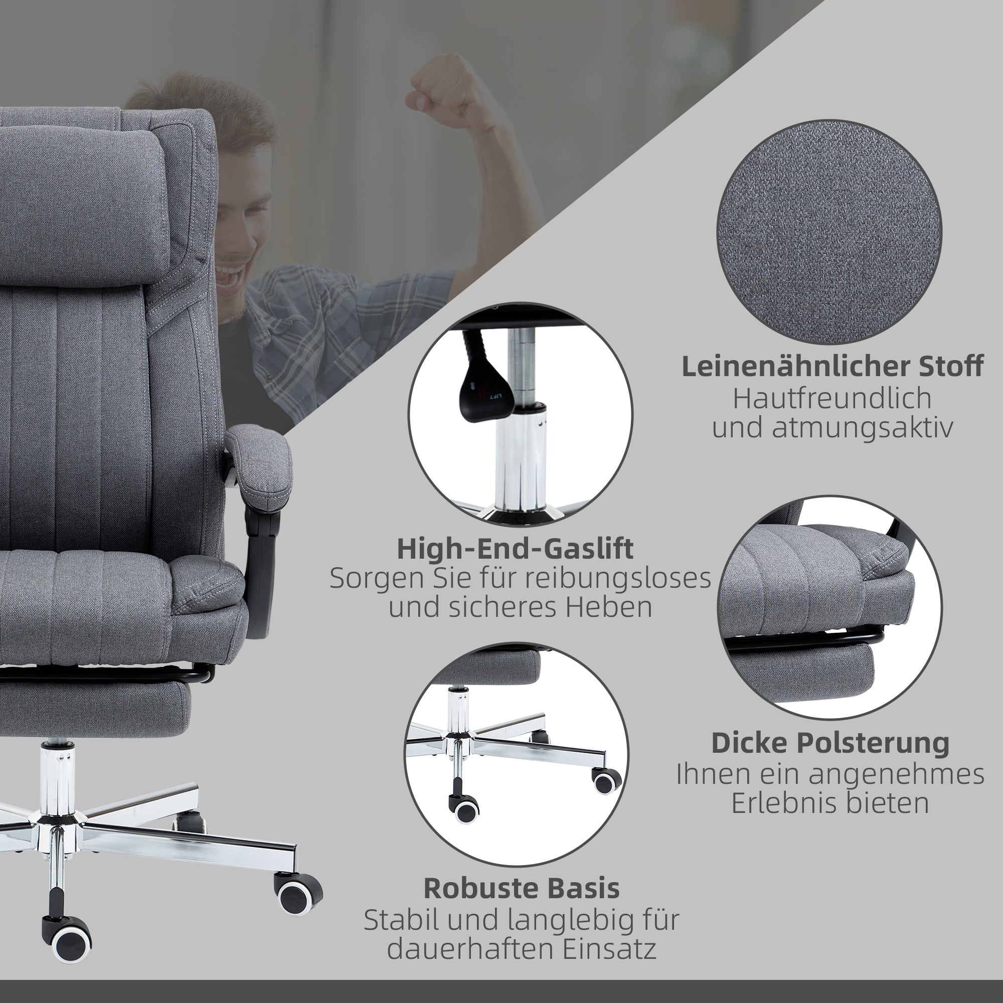 Office Chair Massage Modes Reclining Height Adjustable Footrest, Grey Linen Look