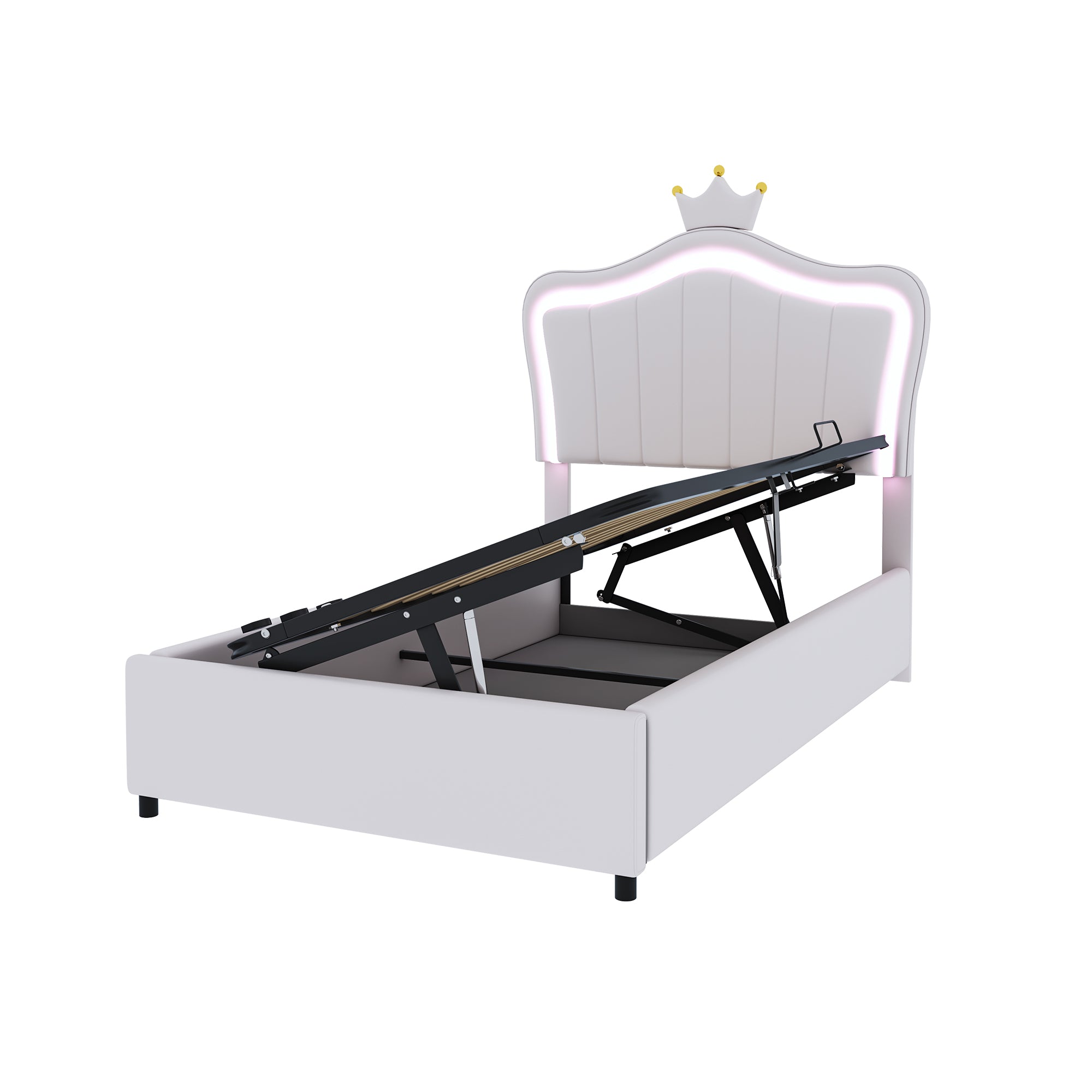 Upholstered Children's Bed 90x200 cm, Crown Design, LED Lighting, Hydraulic Storage, White Artificial Leather