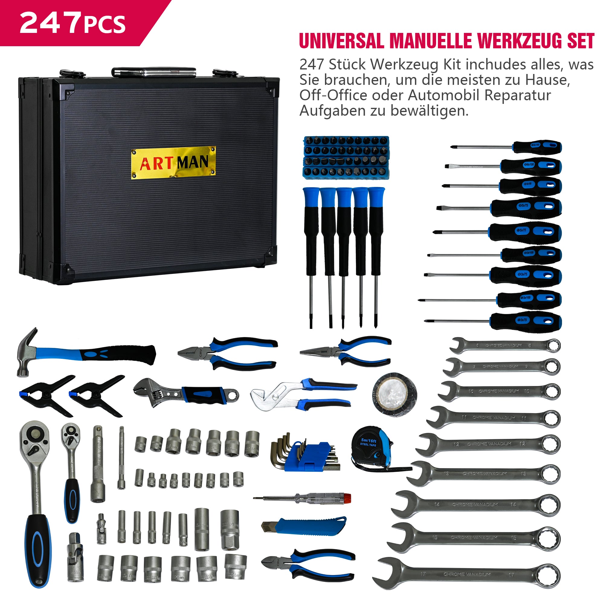 Combined Maintenance Tool Kit, 247-Piece Basic Set, Steel/Plastic